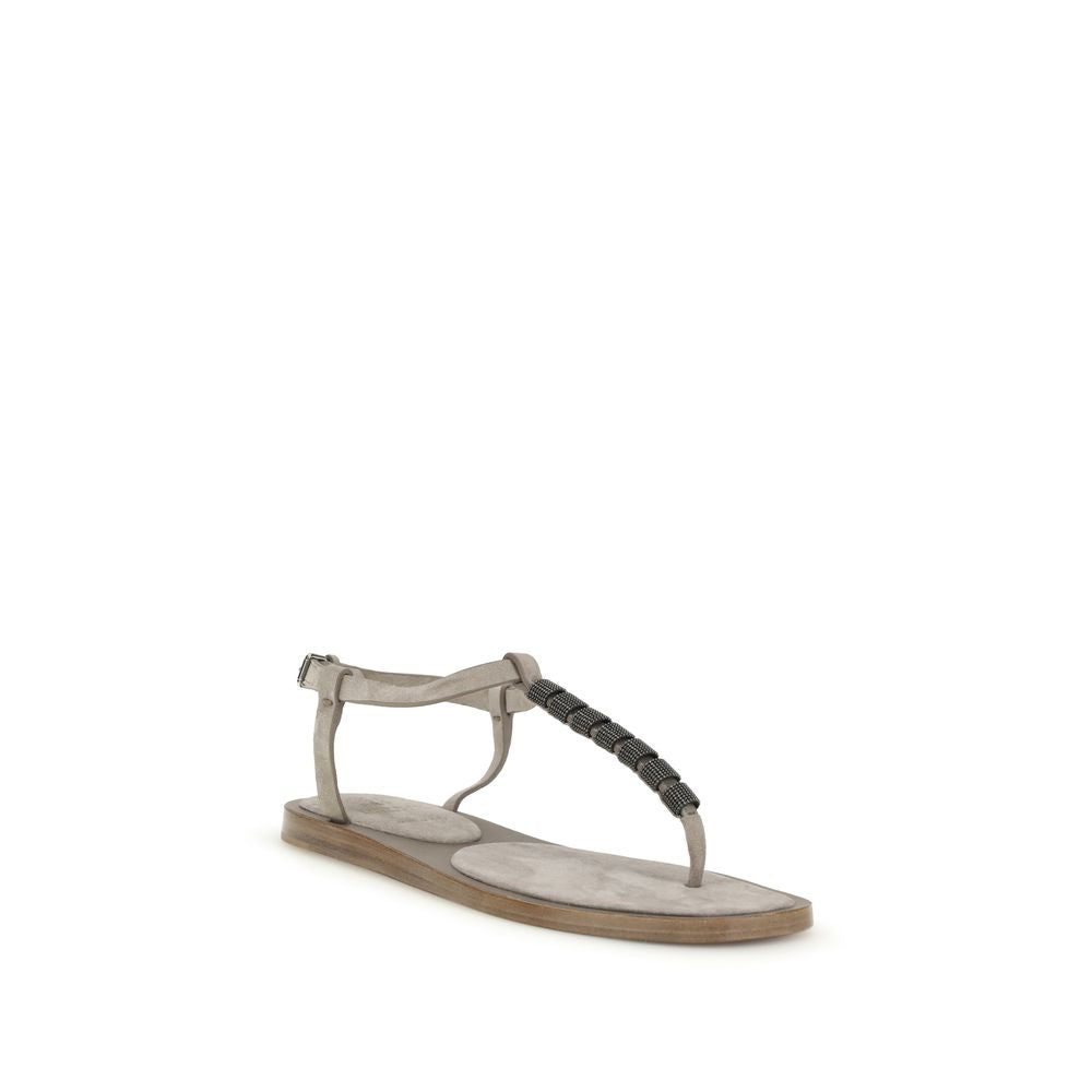 Brunello Cucinelli Beige Calf Leather Bos Taurus Flat Sandals | Regal Royce