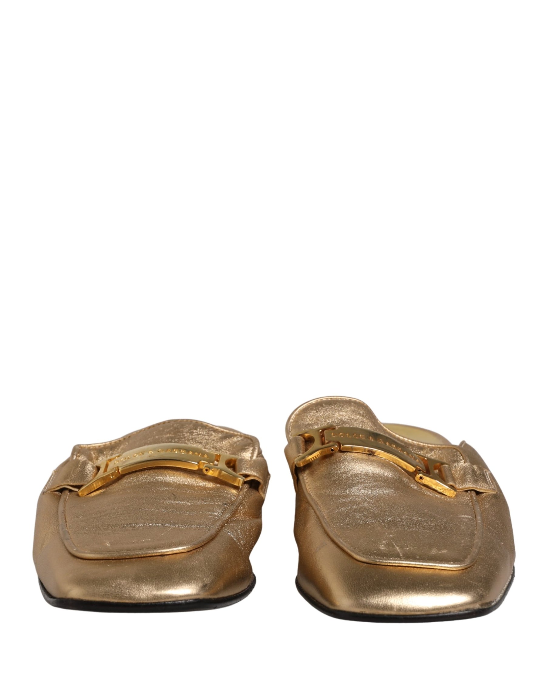 Dolce & Gabbana Gold Leather Flats Slides Mule Loafers Shoes | Regal Royce