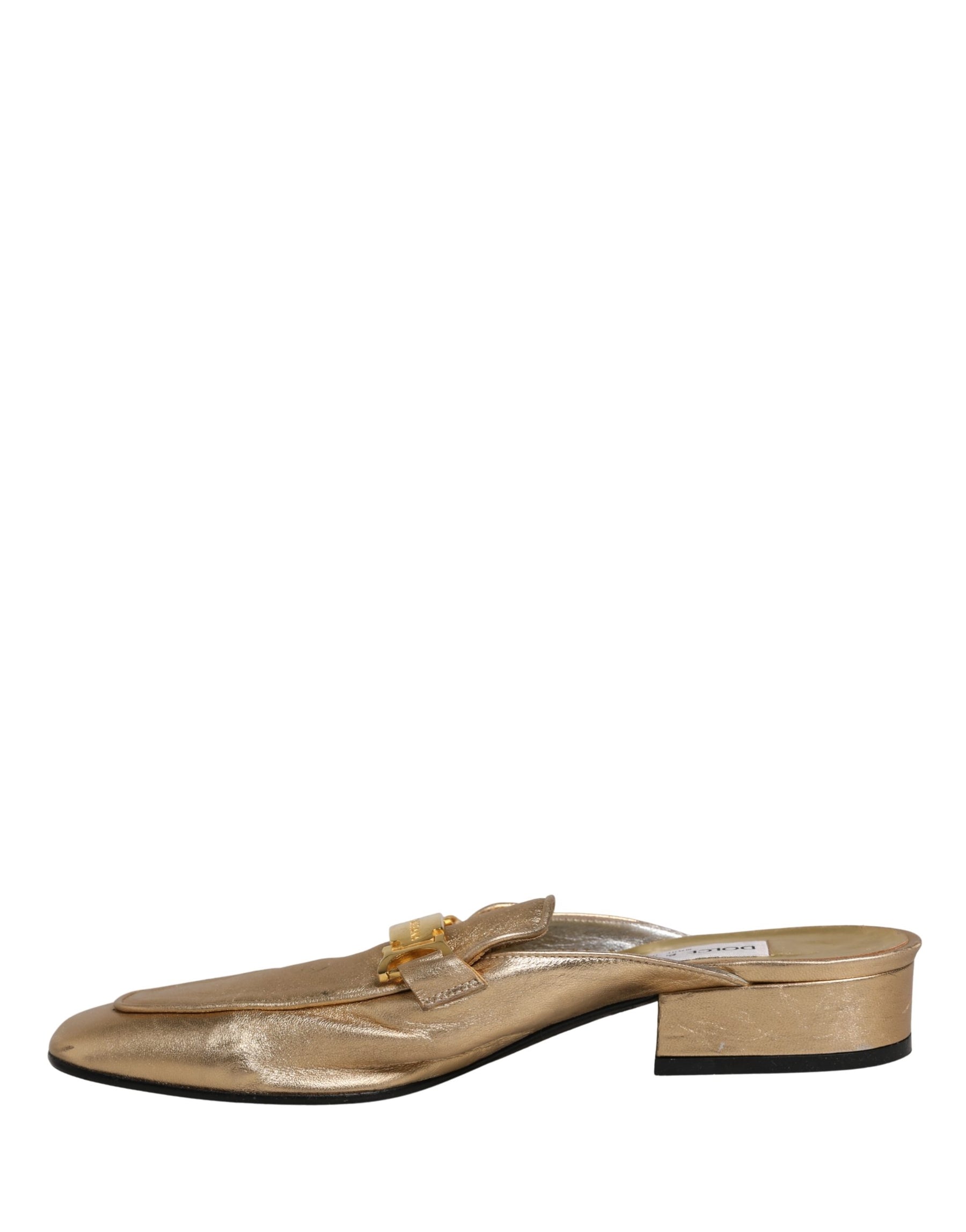 Dolce & Gabbana Gold Leather Flats Slides Mule Loafers Shoes | Regal Royce