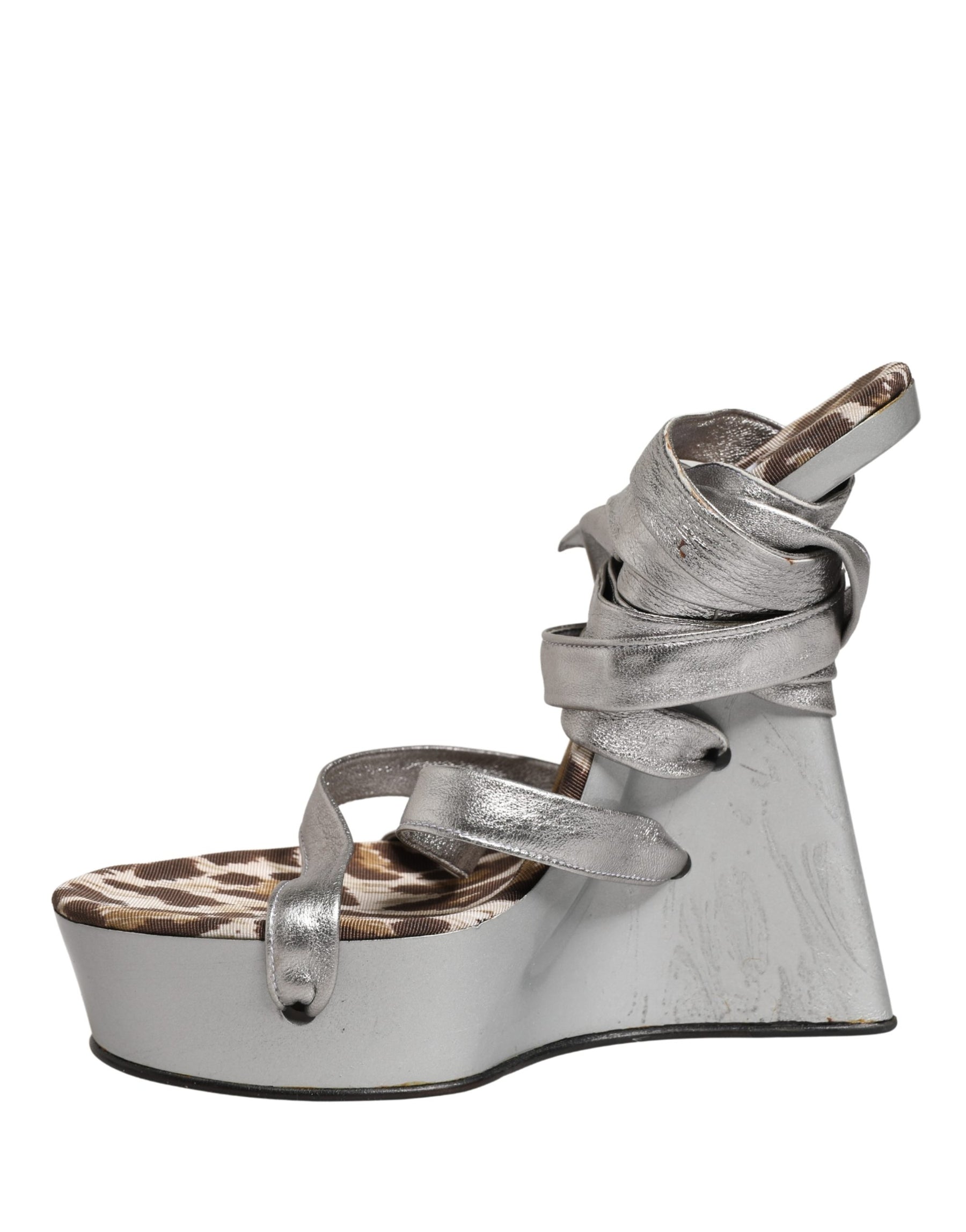 Dolce & Gabbana Silver Leather Platform Wedge Sandals Shoes | Regal Royce