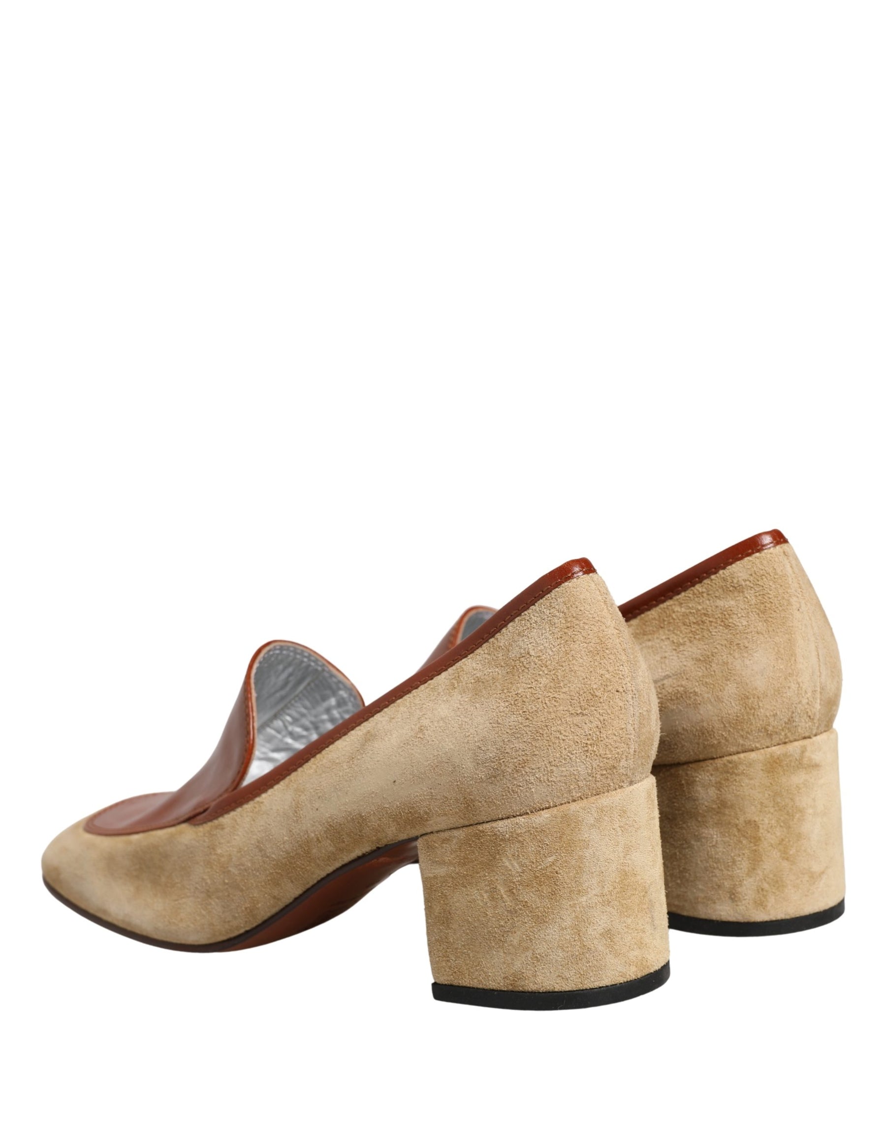 Dolce & Gabbana Beige Leather Suede Block Heel Loafers Shoes | Regal Royce