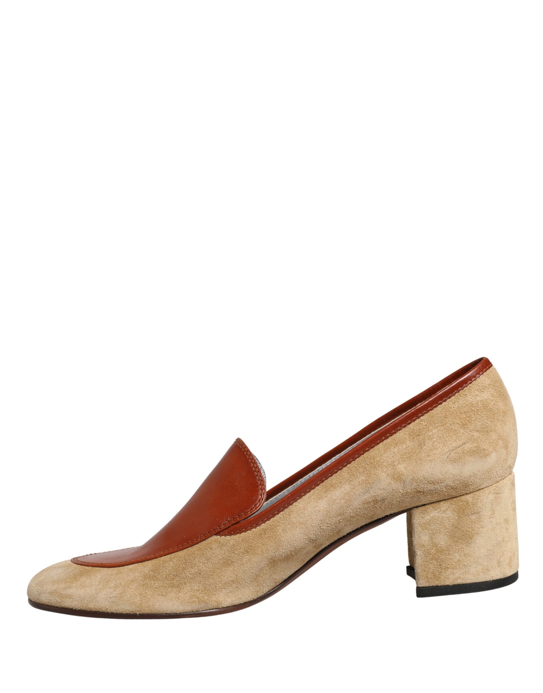 Dolce & Gabbana Beige Leather Suede Block Heel Loafers Shoes | Regal Royce