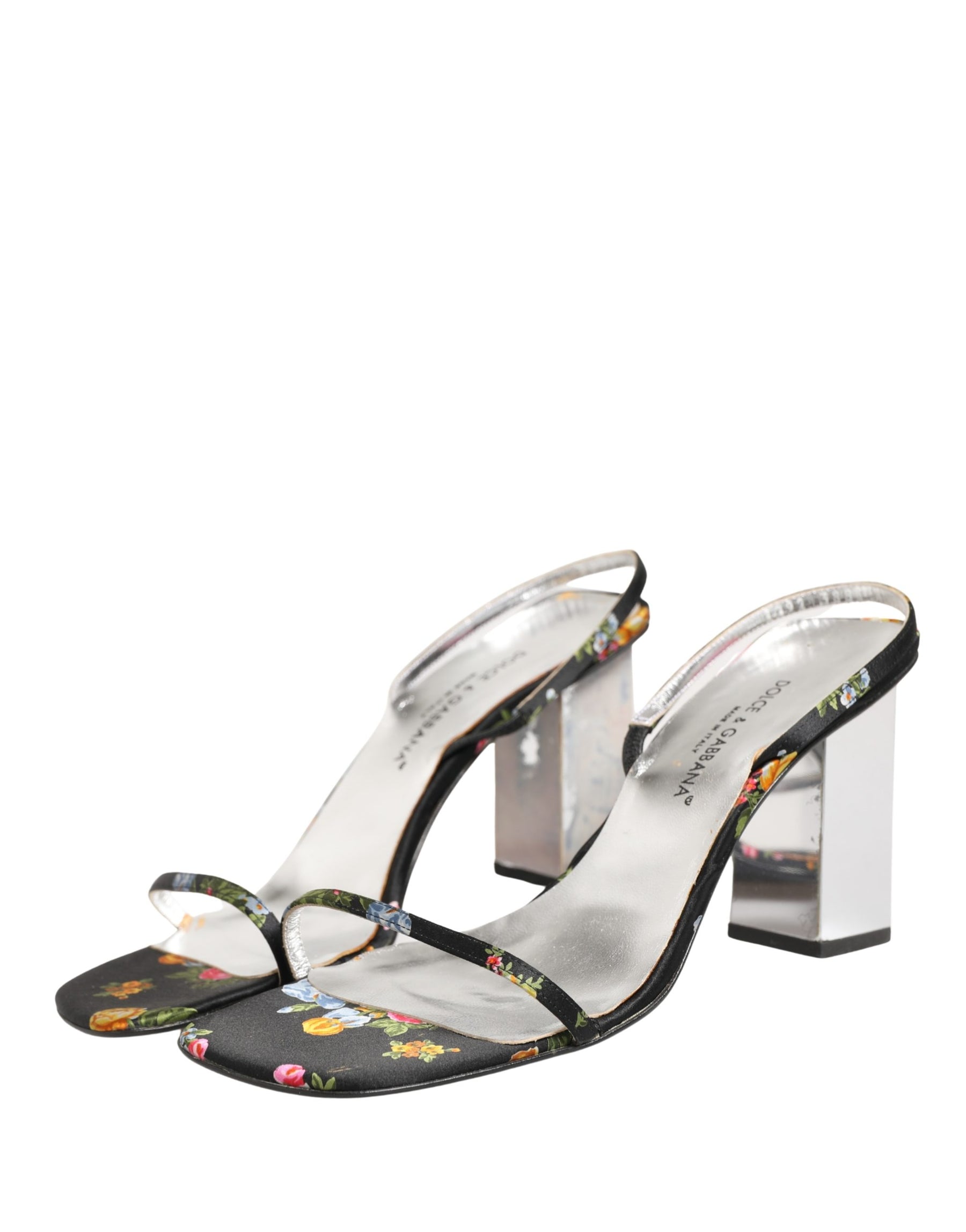 Dolce & Gabbana Black Silver Floral Block Heels Sandals Shoes | Regal Royce