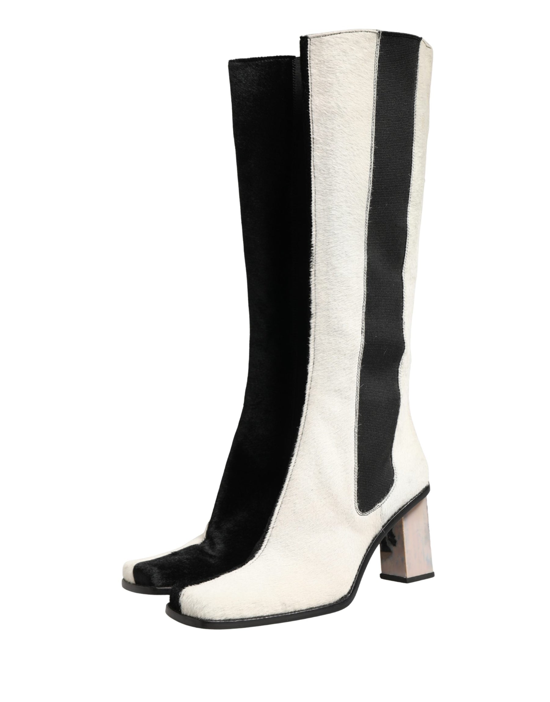Dolce & Gabbana White Black Leather Knee High Boots Shoes | Regal Royce