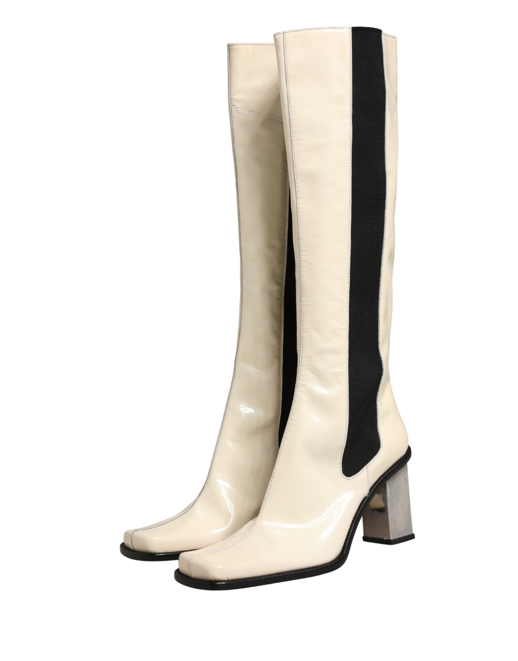 Dolce & Gabbana White Black Leather Knee High Boots Shoes | Regal Royce