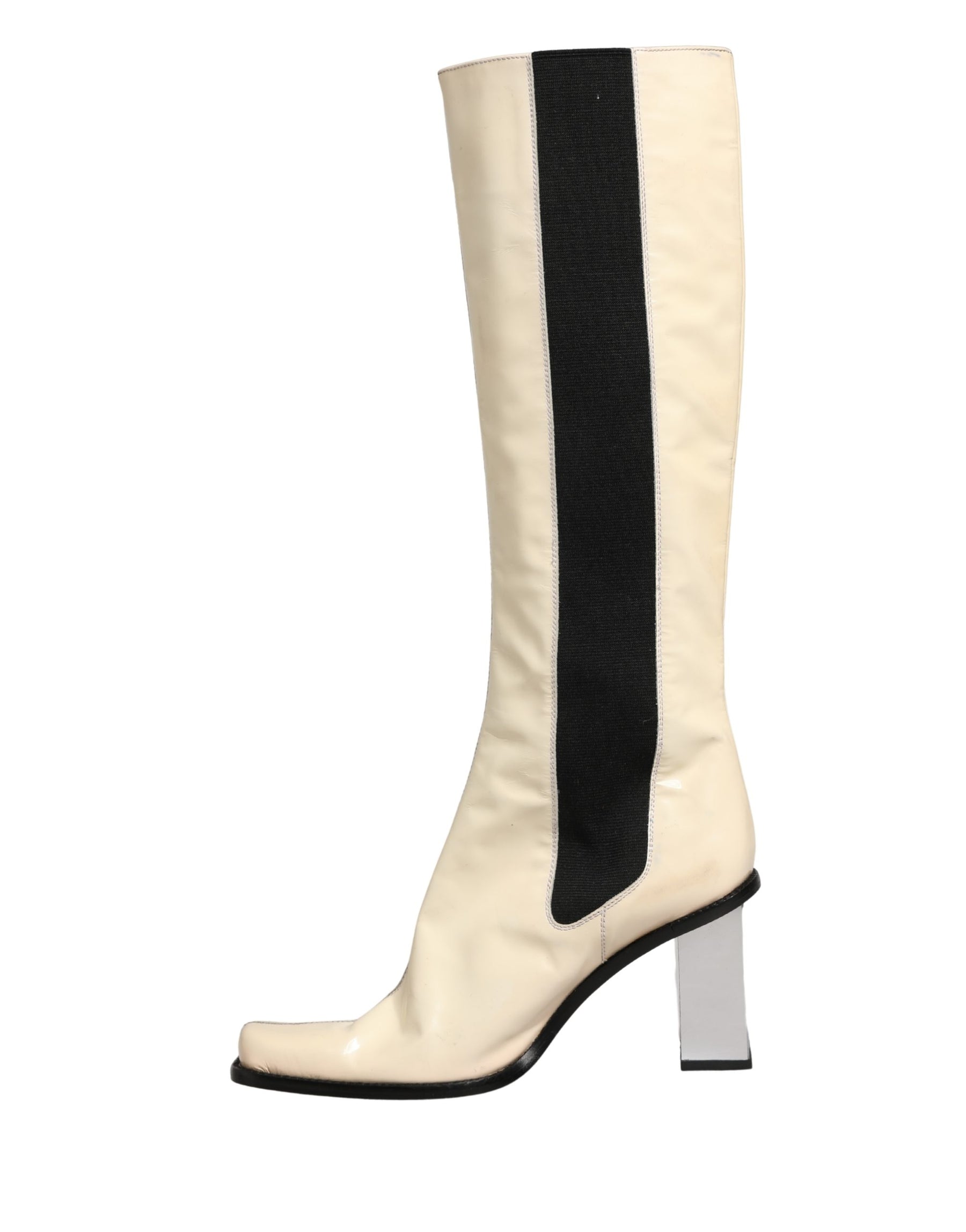 Dolce & Gabbana White Black Leather Knee High Boots Shoes | Regal Royce