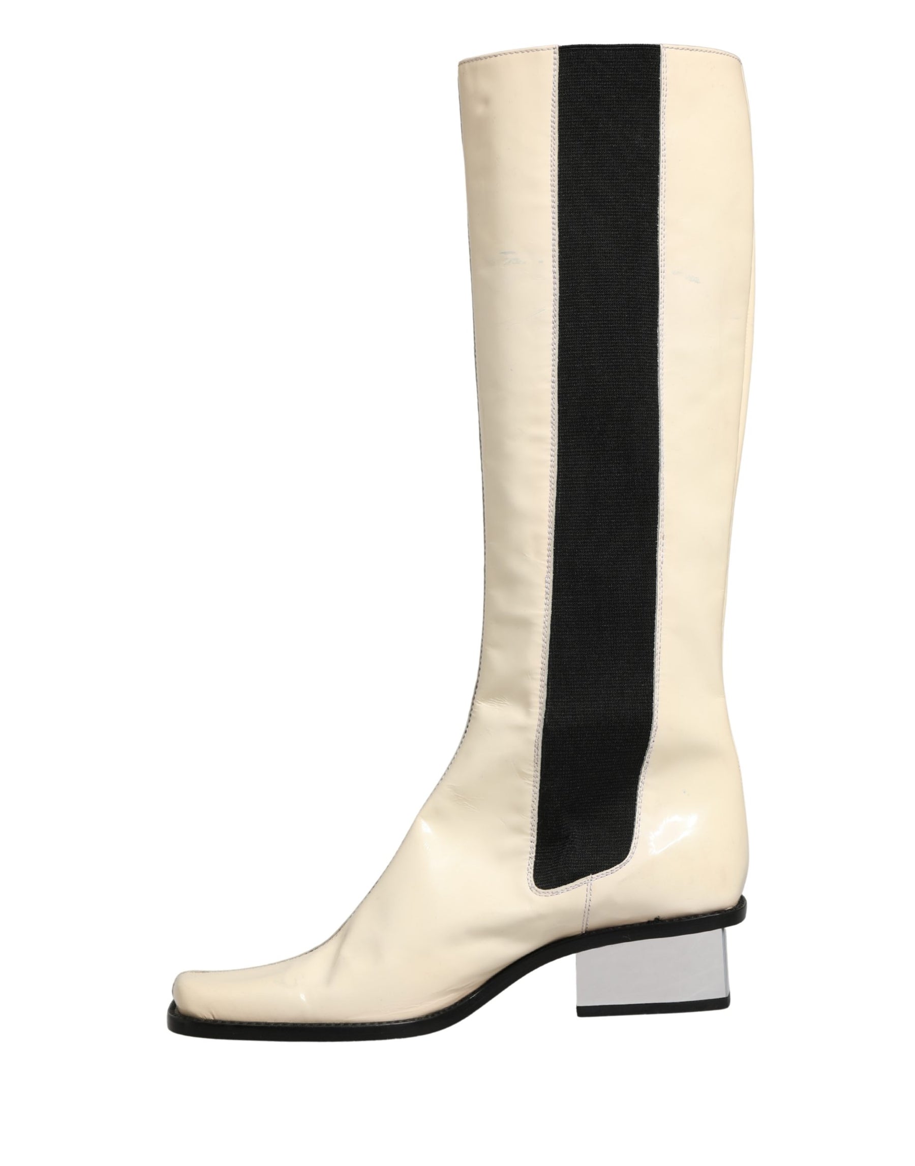 Dolce & Gabbana White Black Leather Knee High Boots Shoes | Regal Royce