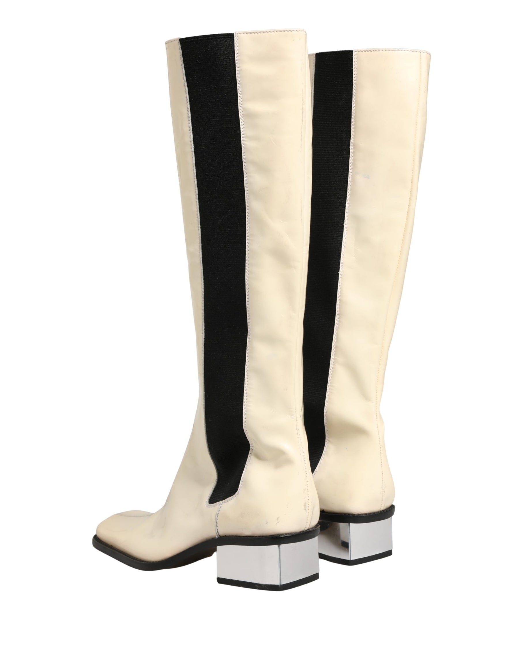 Dolce & Gabbana White Black Leather Knee High Boots Shoes | Regal Royce