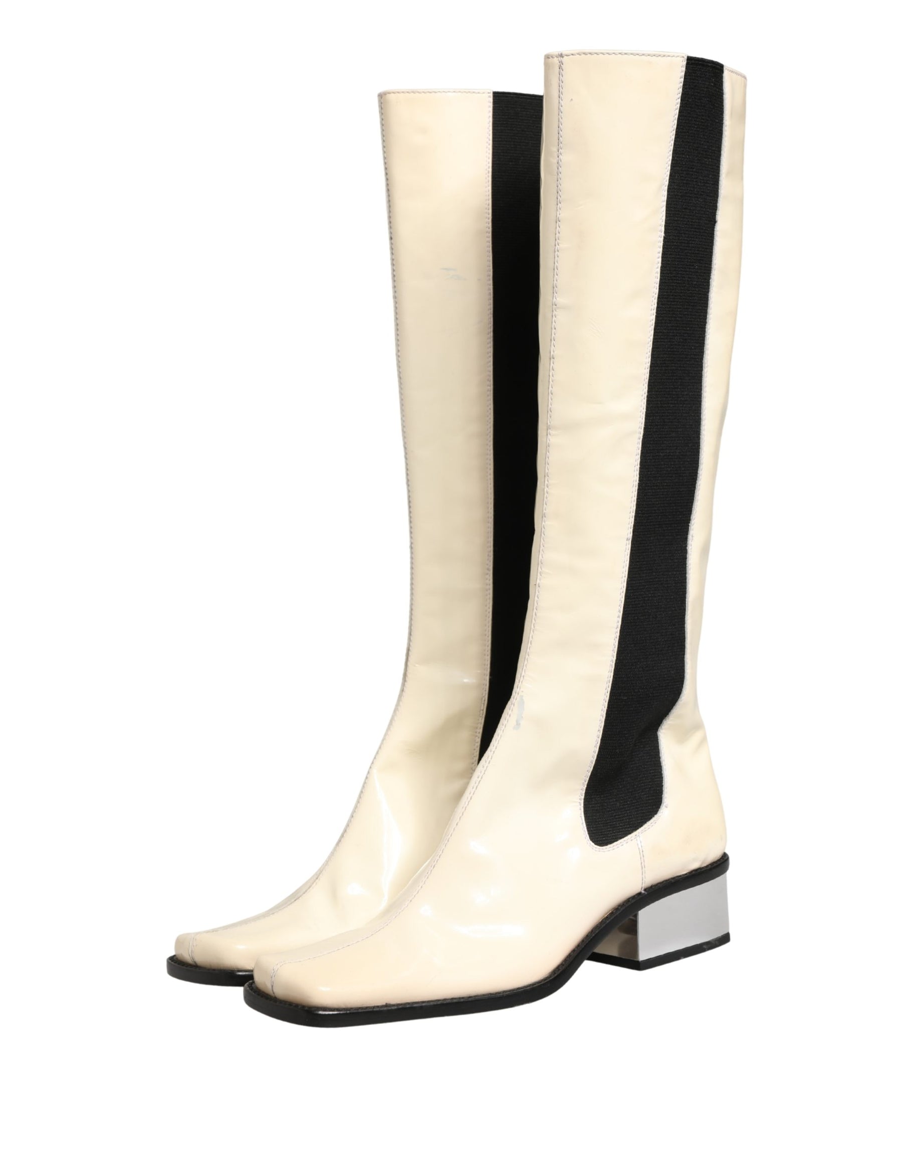 Dolce & Gabbana White Black Leather Knee High Boots Shoes | Regal Royce