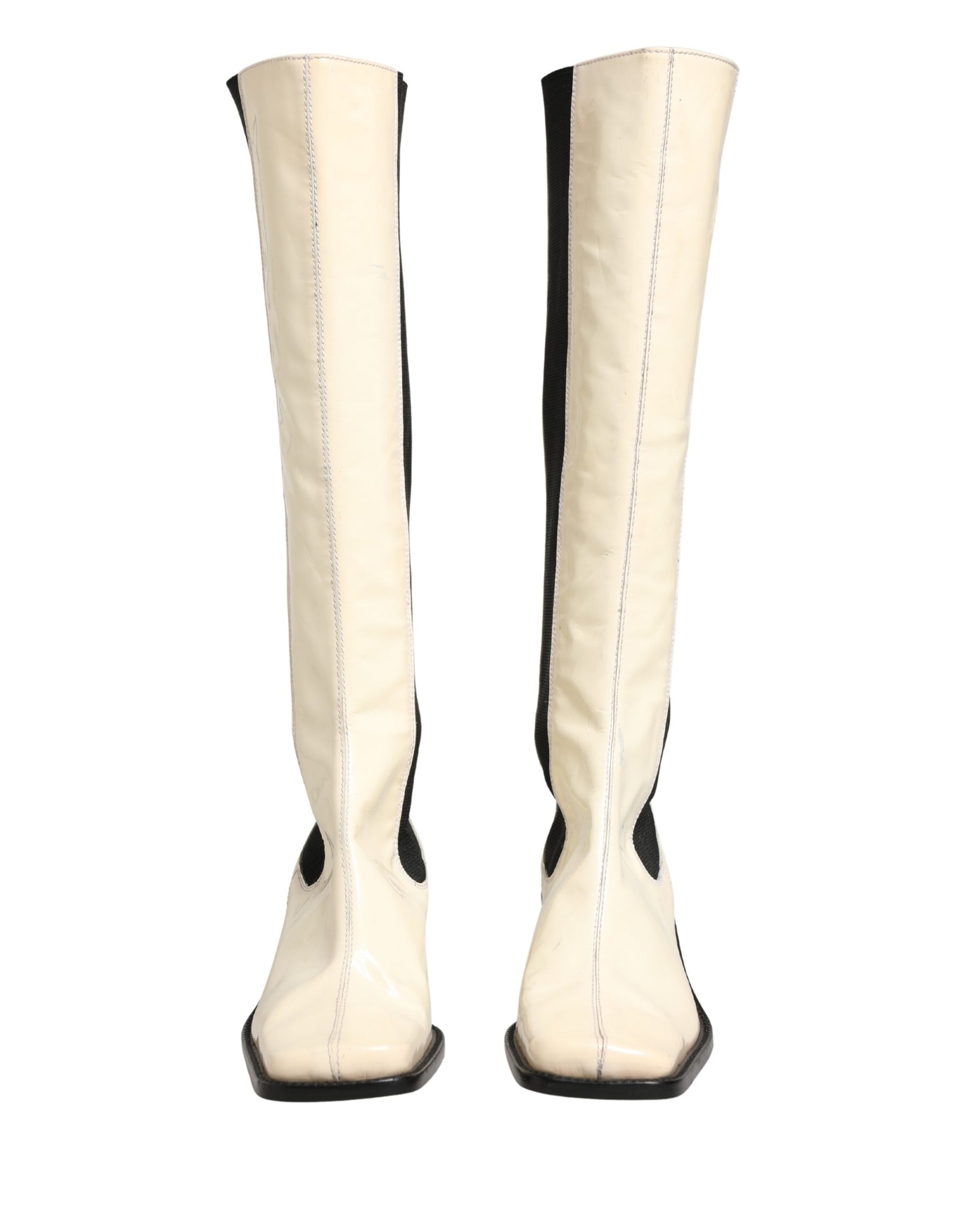 Dolce & Gabbana White Black Leather Knee High Boots Shoes | Regal Royce
