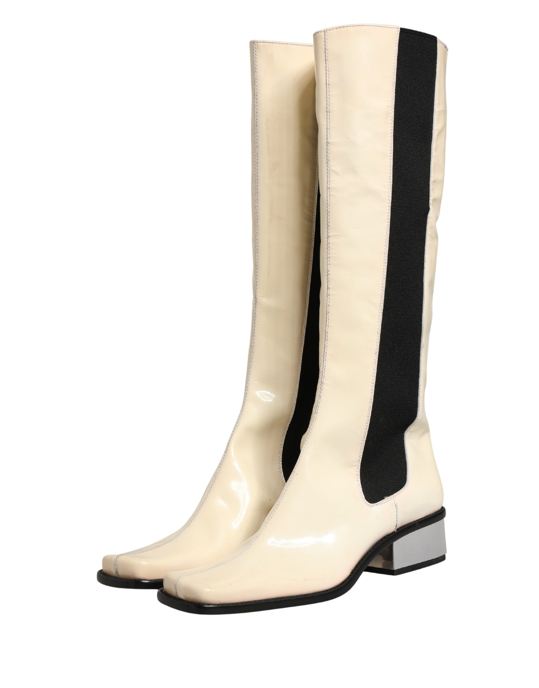 Dolce & Gabbana White Black Leather Knee High Boots Shoes | Regal Royce