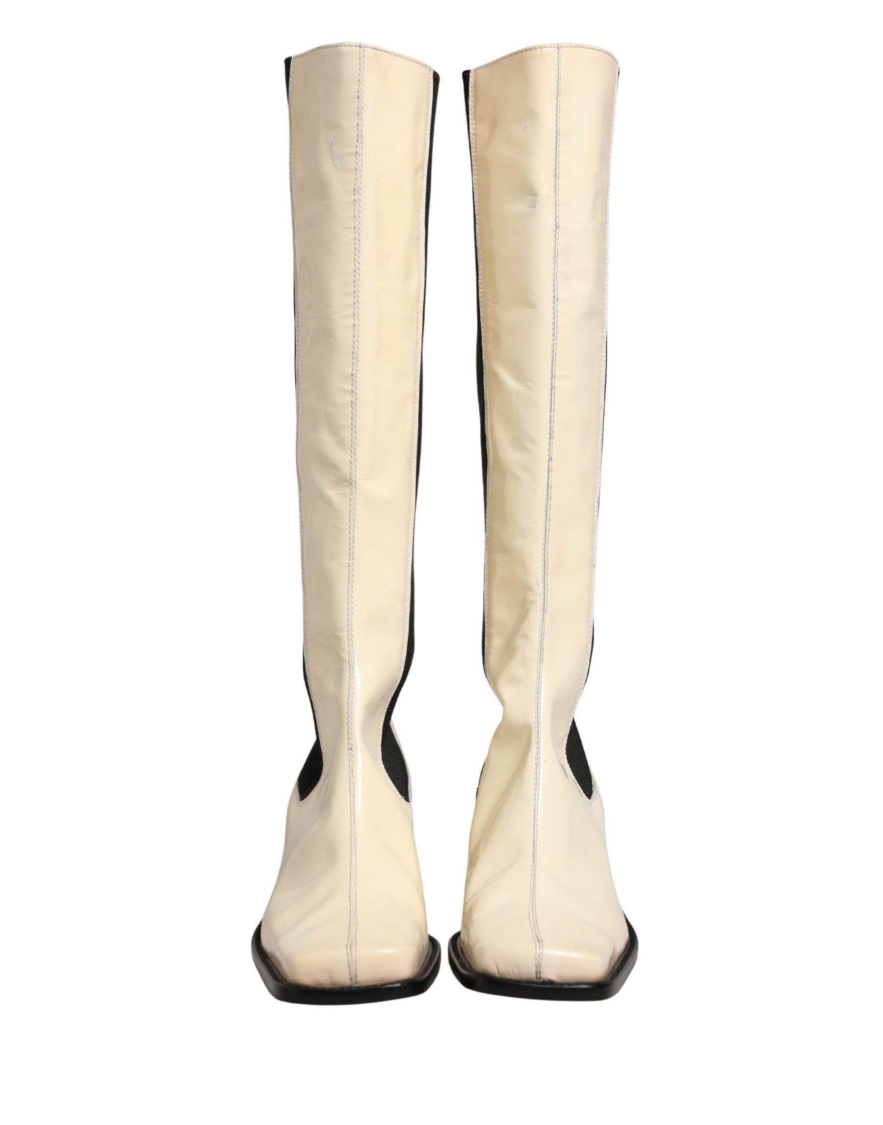 Dolce & Gabbana White Black Leather Knee High Boots Shoes | Regal Royce