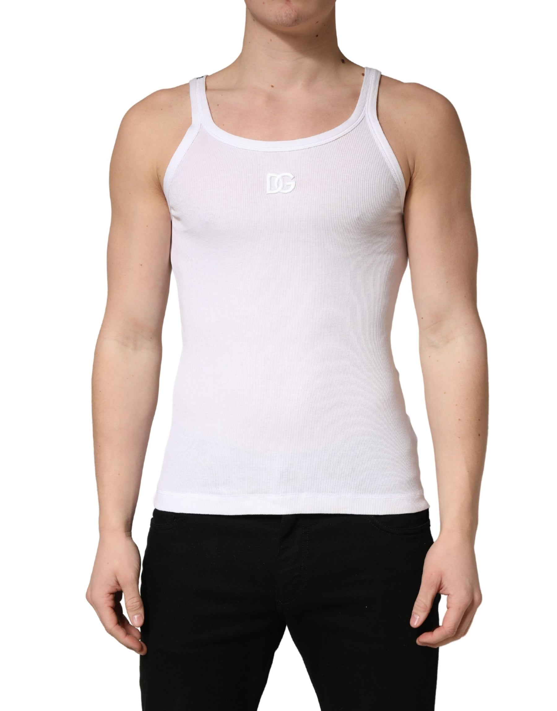 Dolce & Gabbana White Ribbed Cotton Sleeveless Tank  T-shirt | Regal Royce