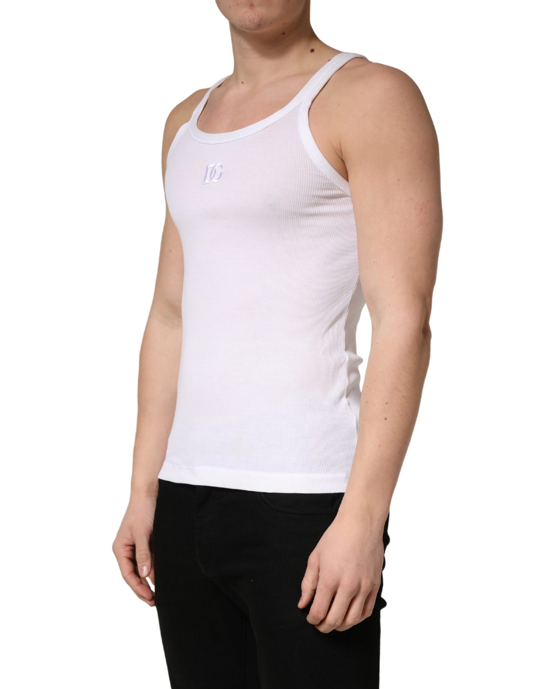Dolce & Gabbana White Ribbed Cotton Sleeveless Tank  T-shirt | Regal Royce