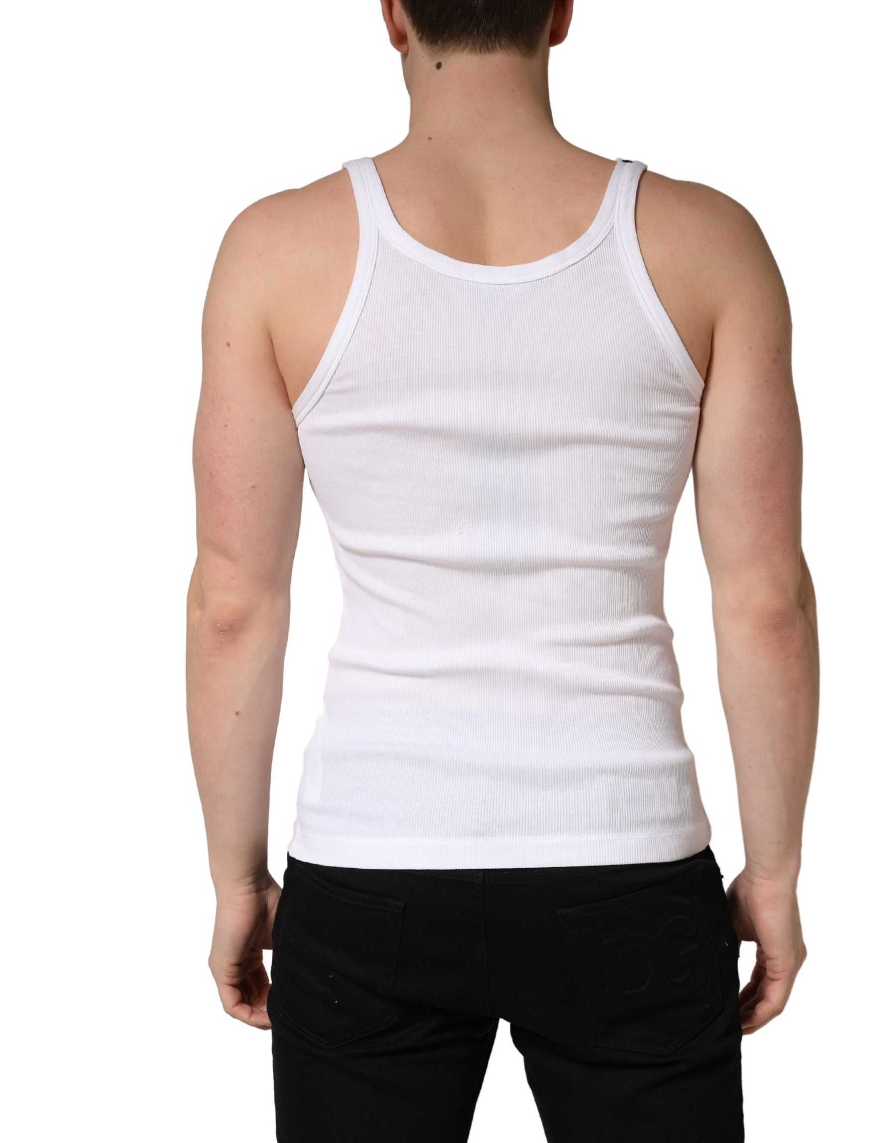 Dolce & Gabbana White Ribbed Cotton Sleeveless Tank  T-shirt | Regal Royce