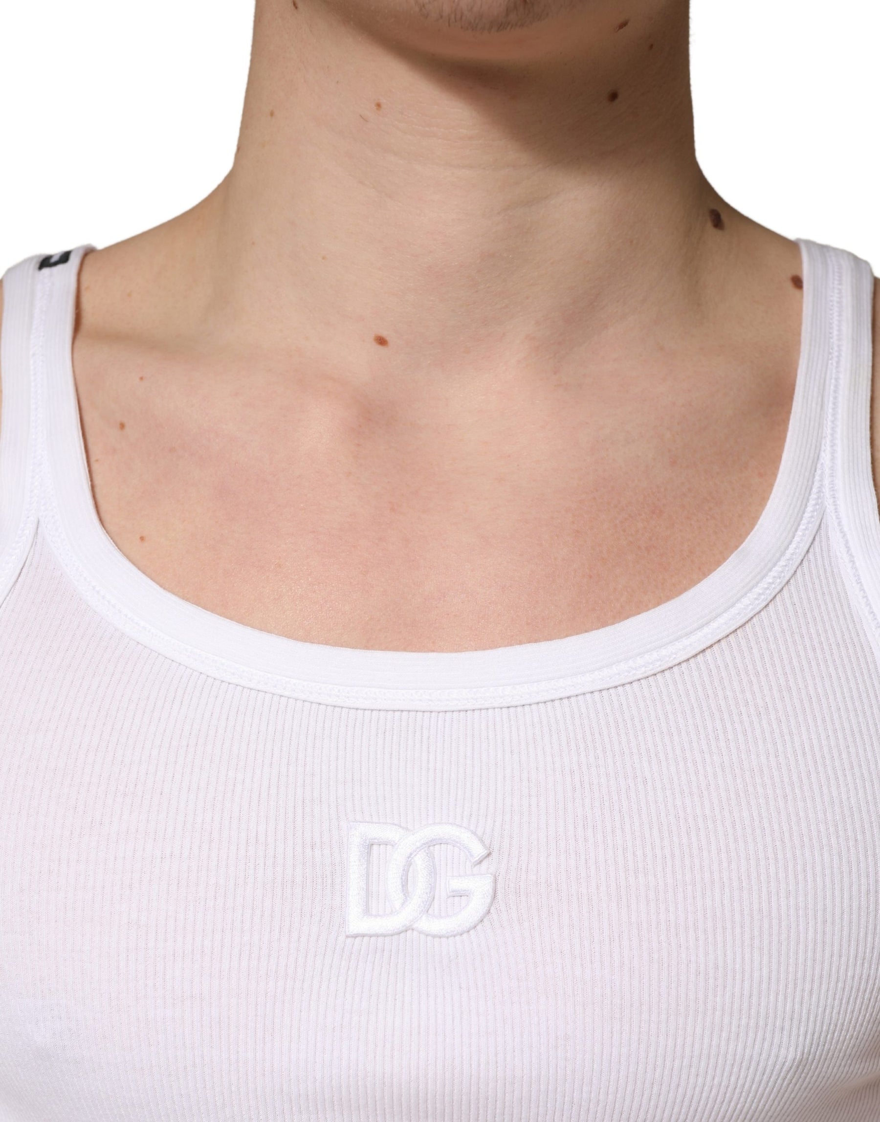 Dolce & Gabbana White Ribbed Cotton Sleeveless Tank  T-shirt | Regal Royce