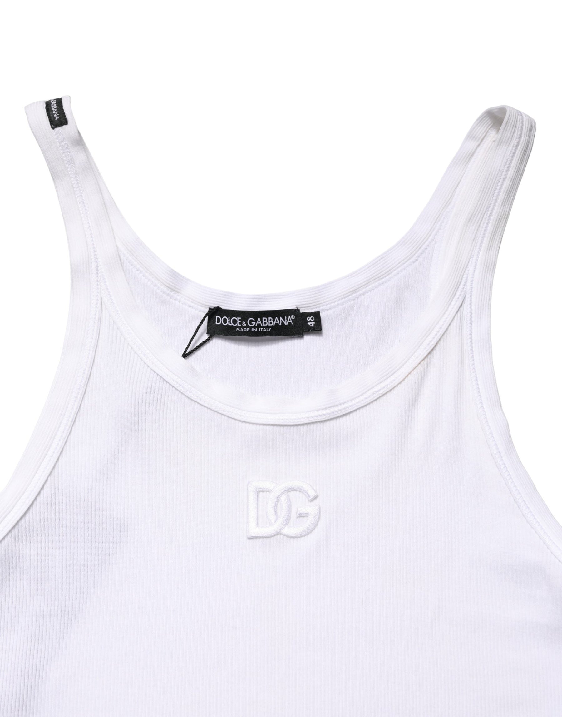 Dolce & Gabbana White Ribbed Cotton Sleeveless Tank  T-shirt | Regal Royce