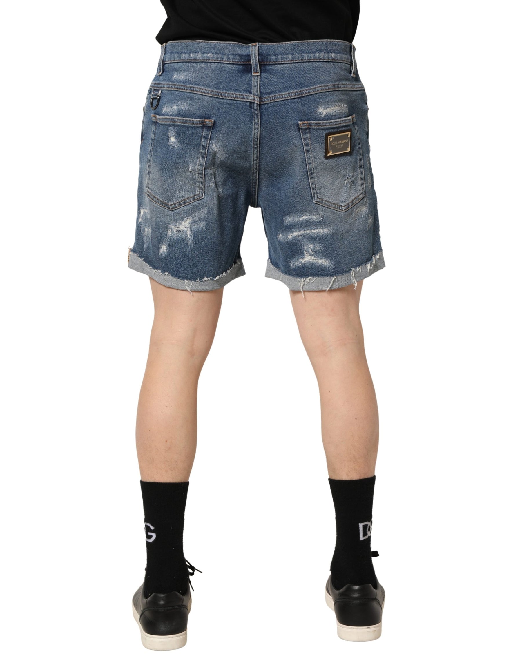 Dolce & Gabbana Blue Cotton Distressed Denim Bermuda Shorts | Regal Royce