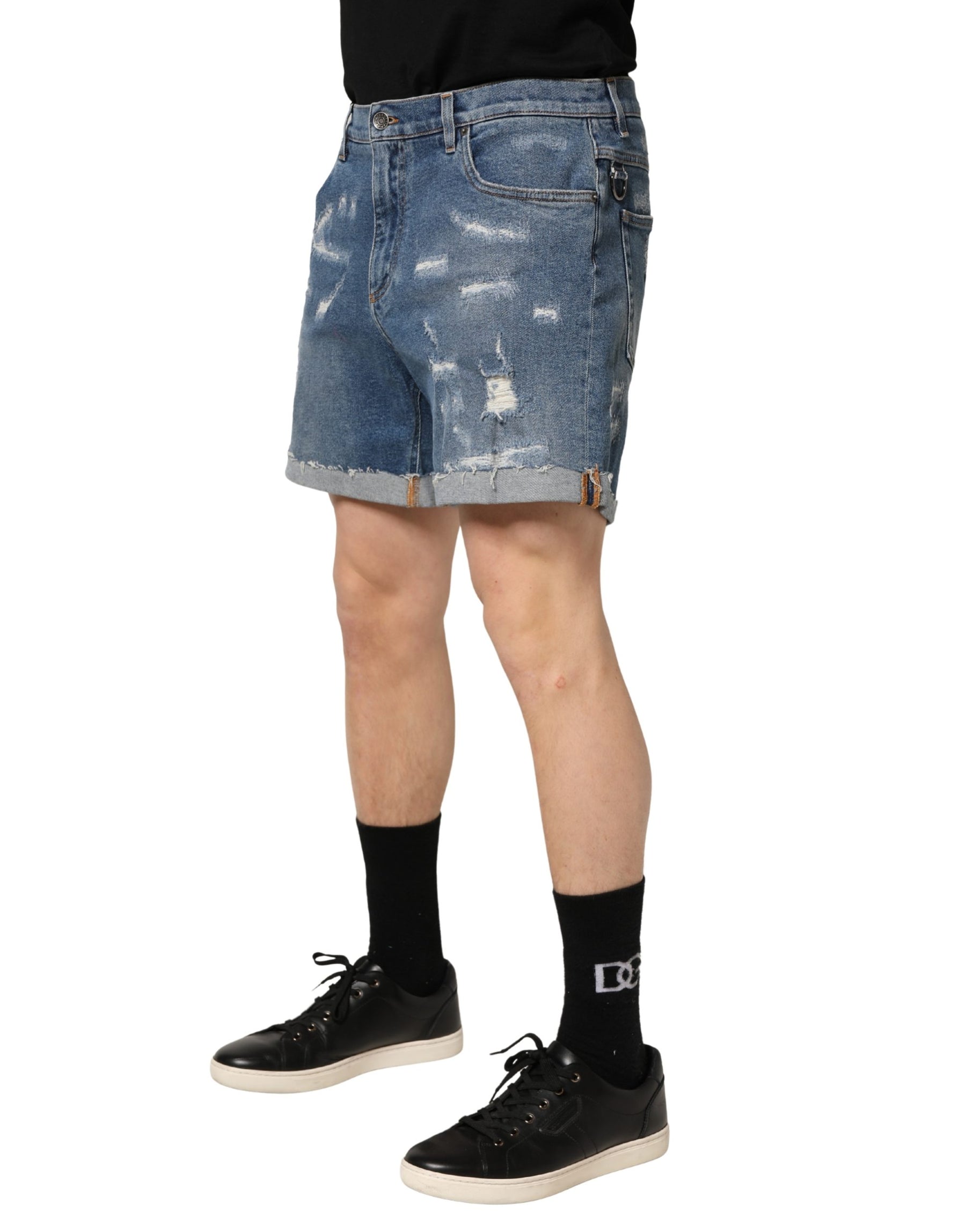 Dolce & Gabbana Blue Cotton Distressed Denim Bermuda Shorts | Regal Royce