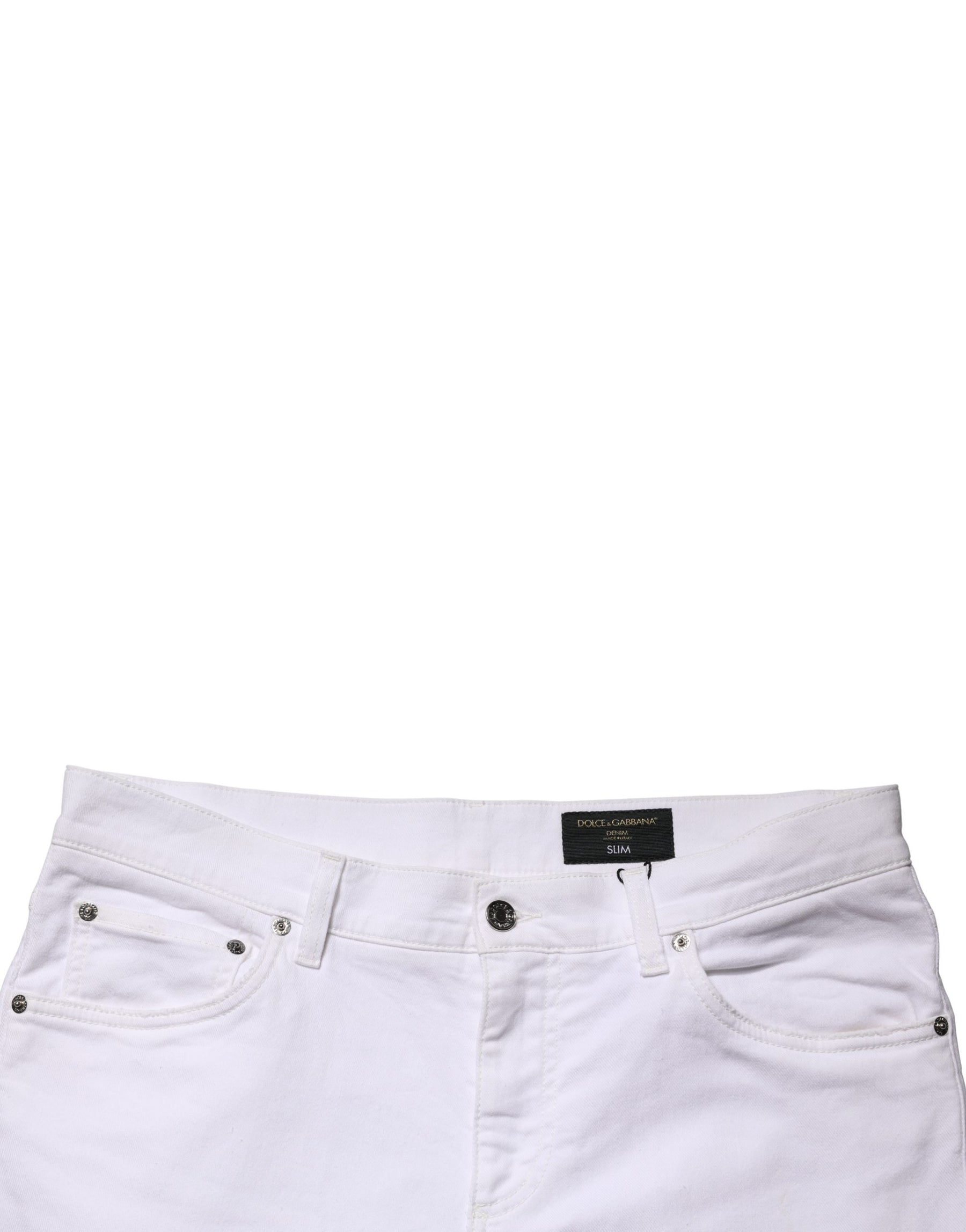 Dolce & Gabbana White Cotton Tattered Men Slim Fit Denim Jeans | Regal Royce
