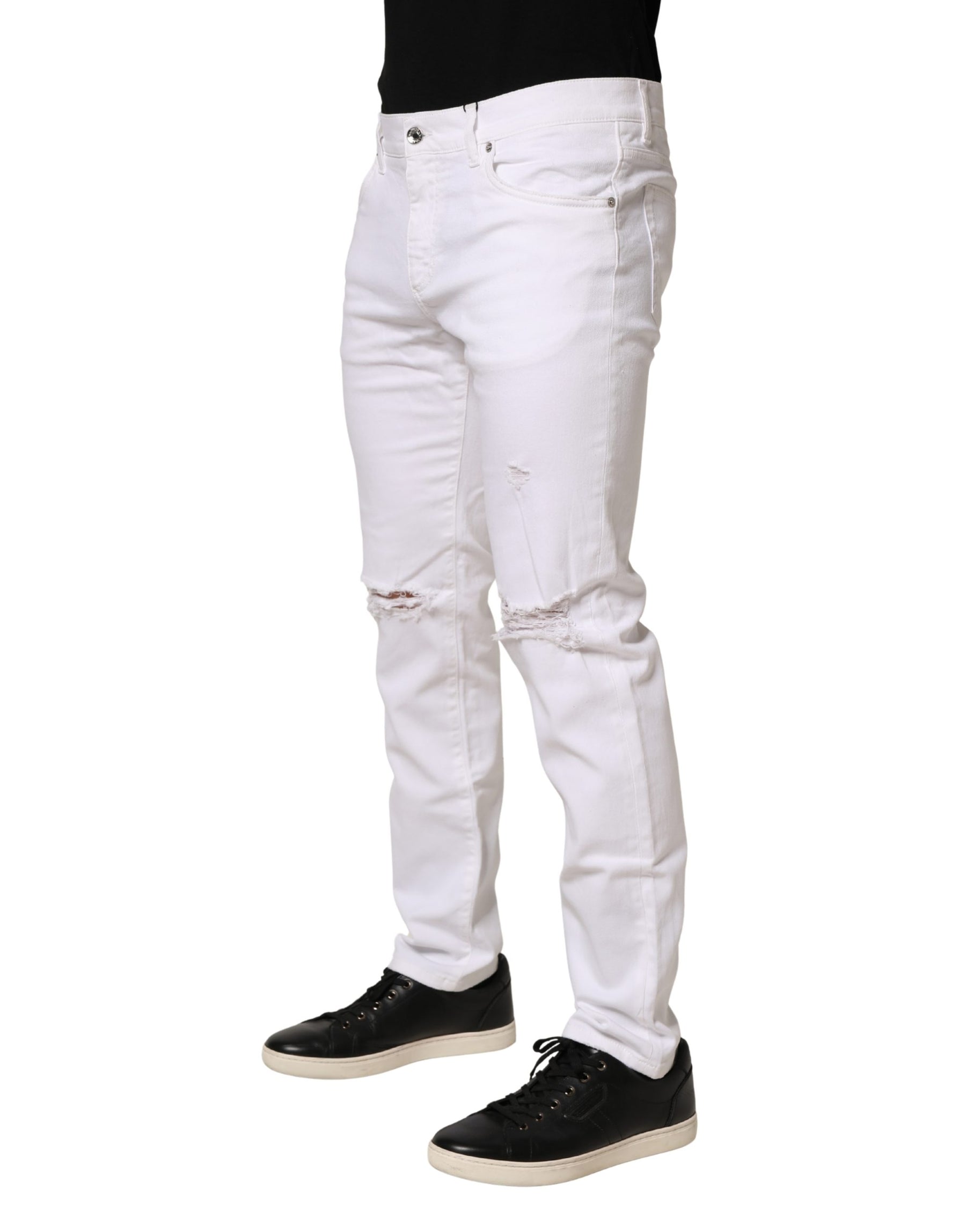 Dolce & Gabbana White Cotton Tattered Men Slim Fit Denim Jeans | Regal Royce