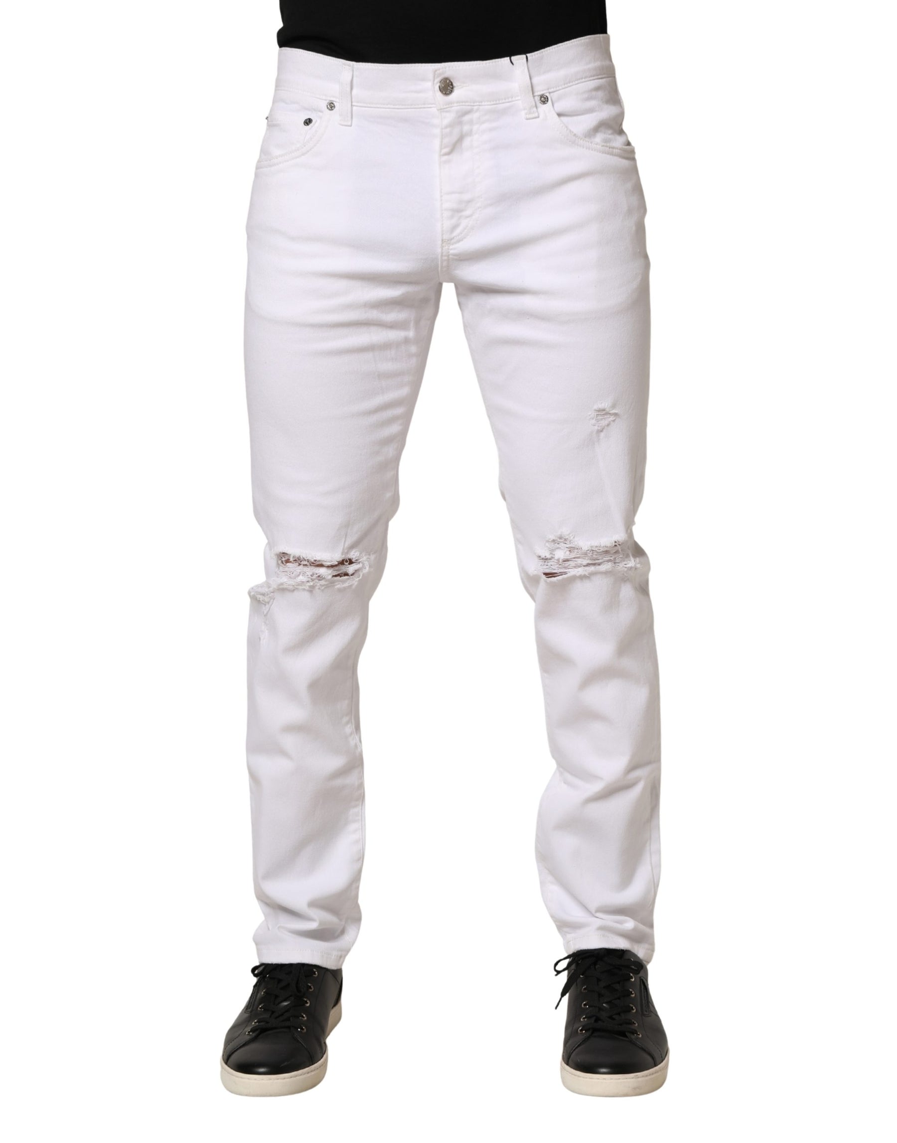 Dolce & Gabbana White Cotton Tattered Men Slim Fit Denim Jeans | Regal Royce