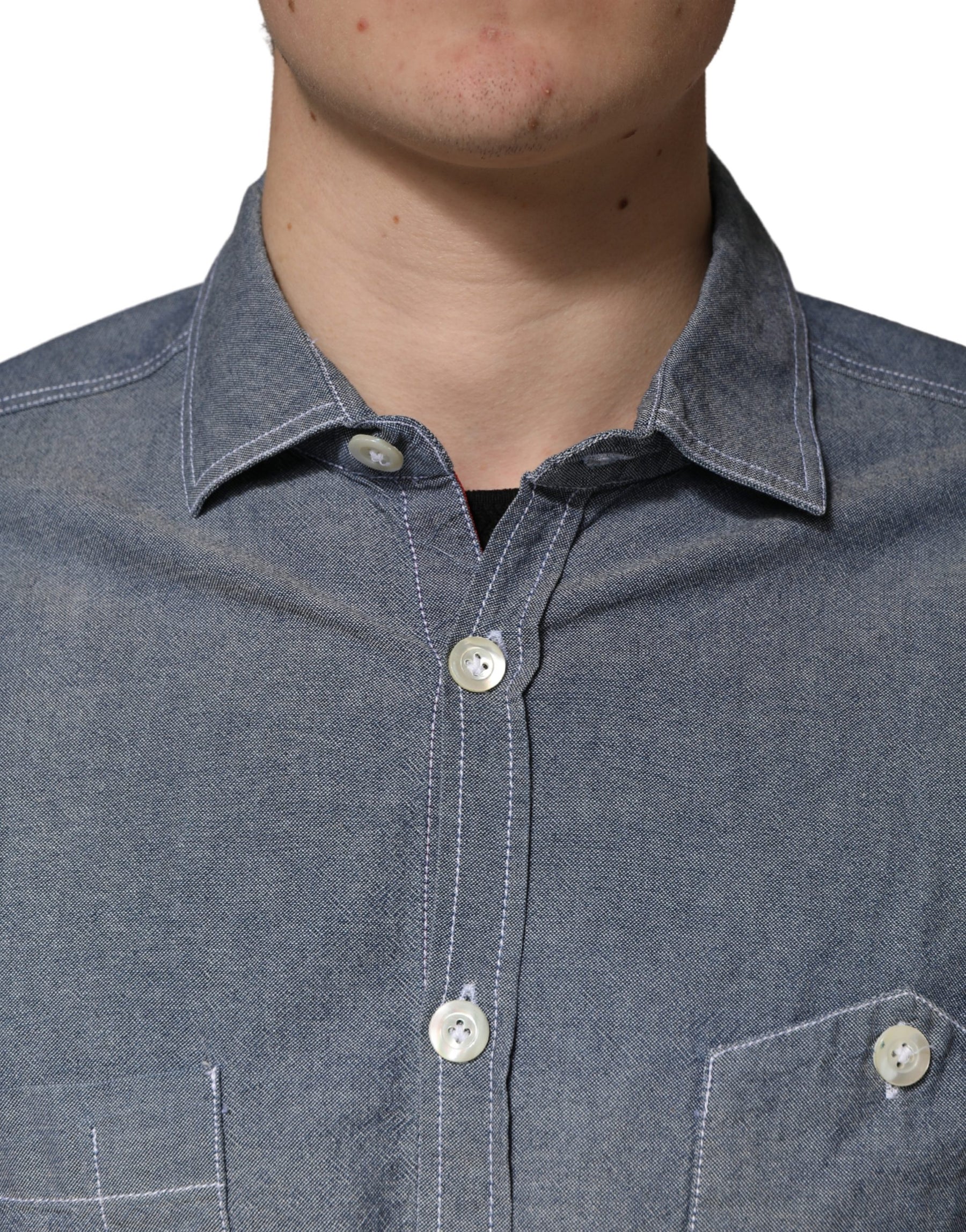 AGLINI Dark Blue Slim Fit Collared Long Sleeve Denim Shirt | Regal Royce