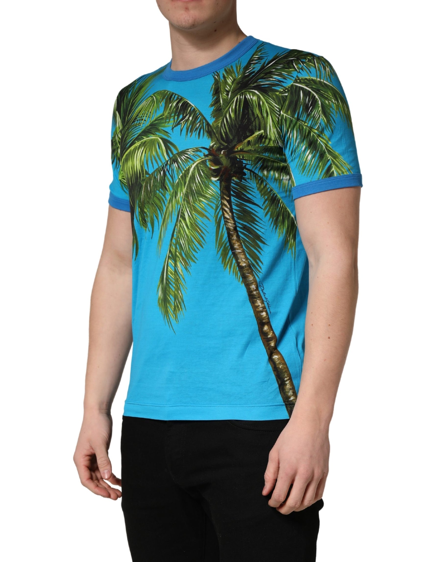 Dolce & Gabbana Blue Palm Tree Print Cotton CrewNeck T-shirt | Regal Royce