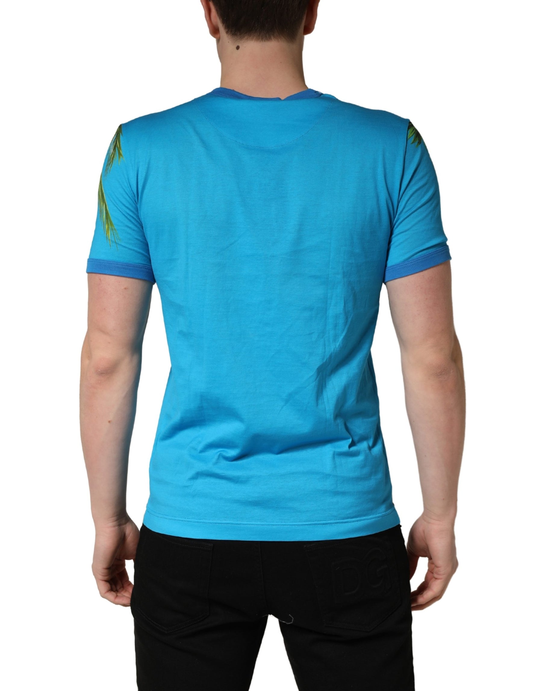 Dolce & Gabbana Blue Palm Tree Print Cotton CrewNeck T-shirt | Regal Royce