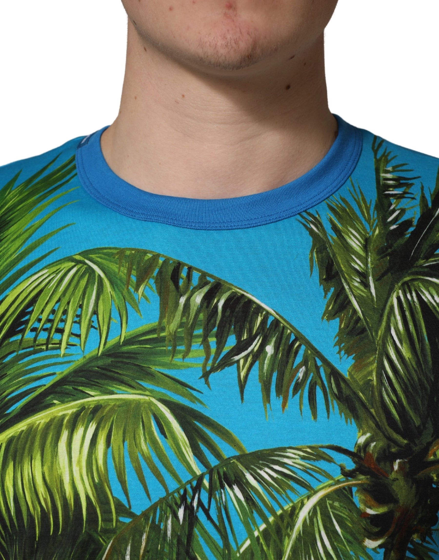 Dolce & Gabbana Blue Palm Tree Print Cotton CrewNeck T-shirt | Regal Royce