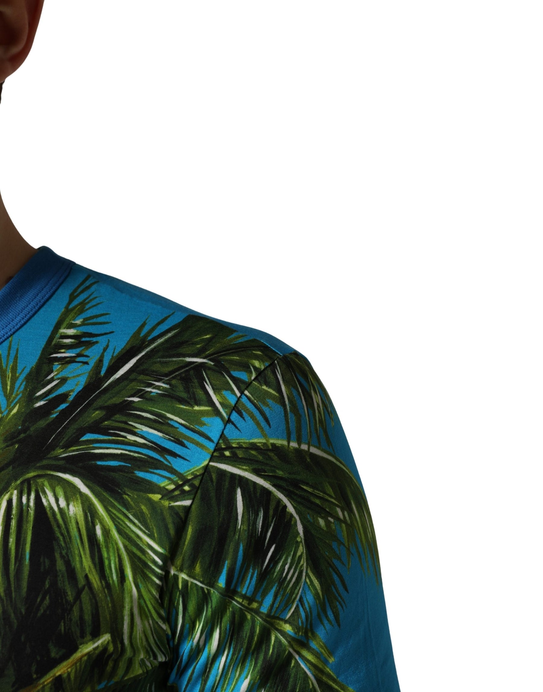 Dolce & Gabbana Blue Palm Tree Print Cotton CrewNeck T-shirt | Regal Royce