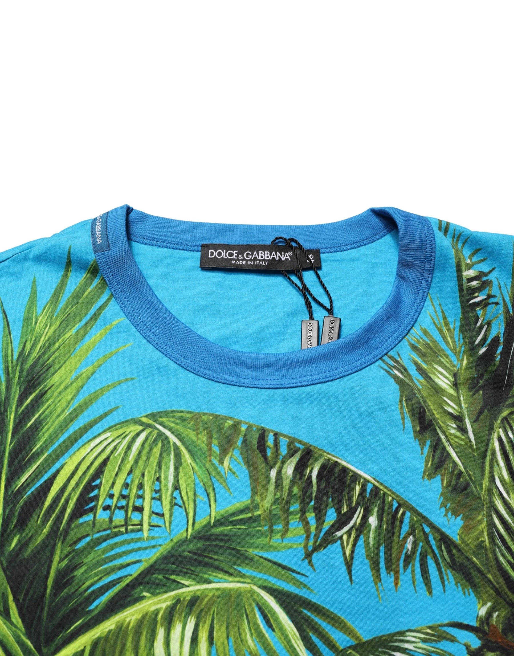 Dolce & Gabbana Blue Palm Tree Print Cotton CrewNeck T-shirt | Regal Royce