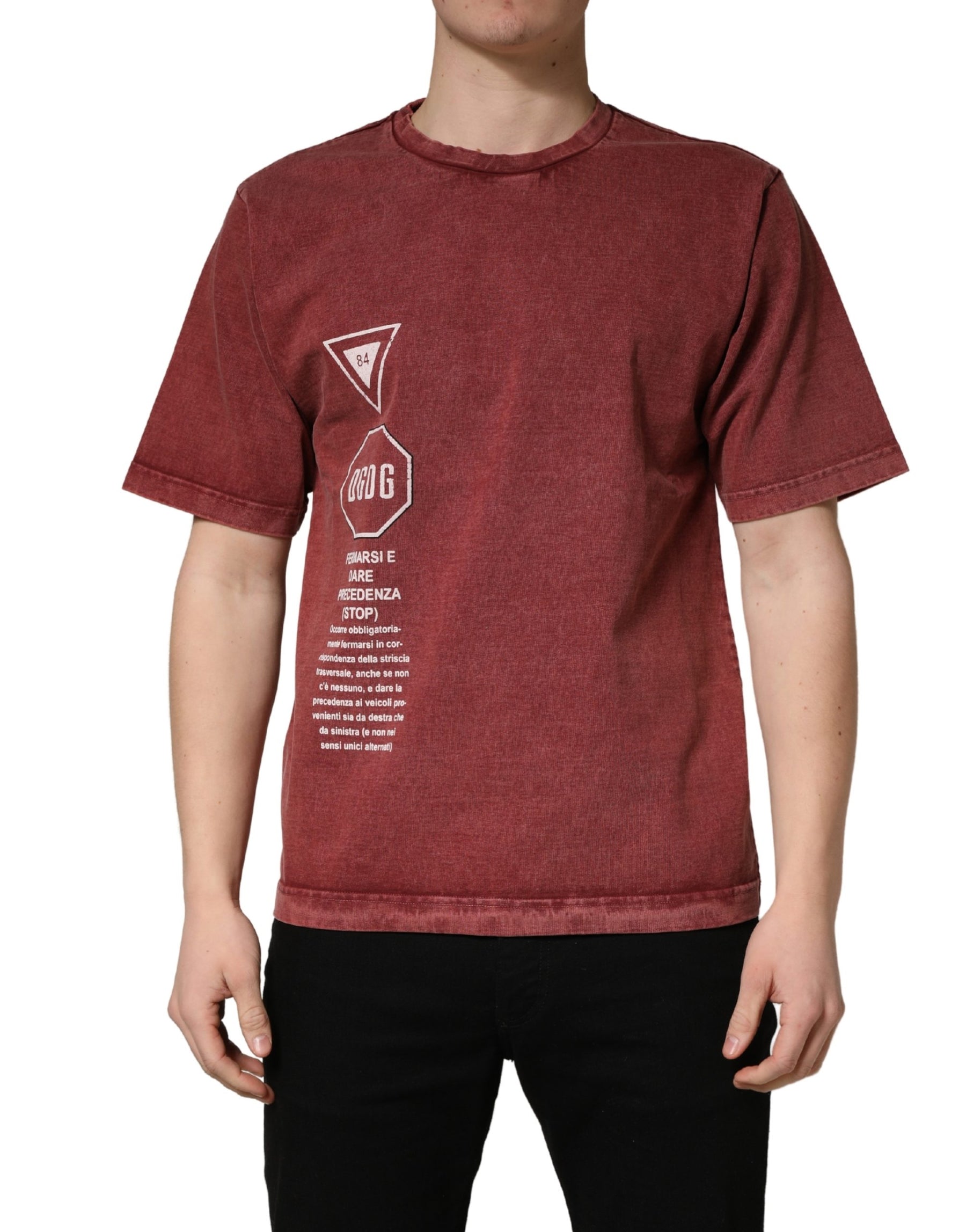 Dolce & Gabbana Maroon Print Round Neck Short Sleeve T-shirt | Regal Royce