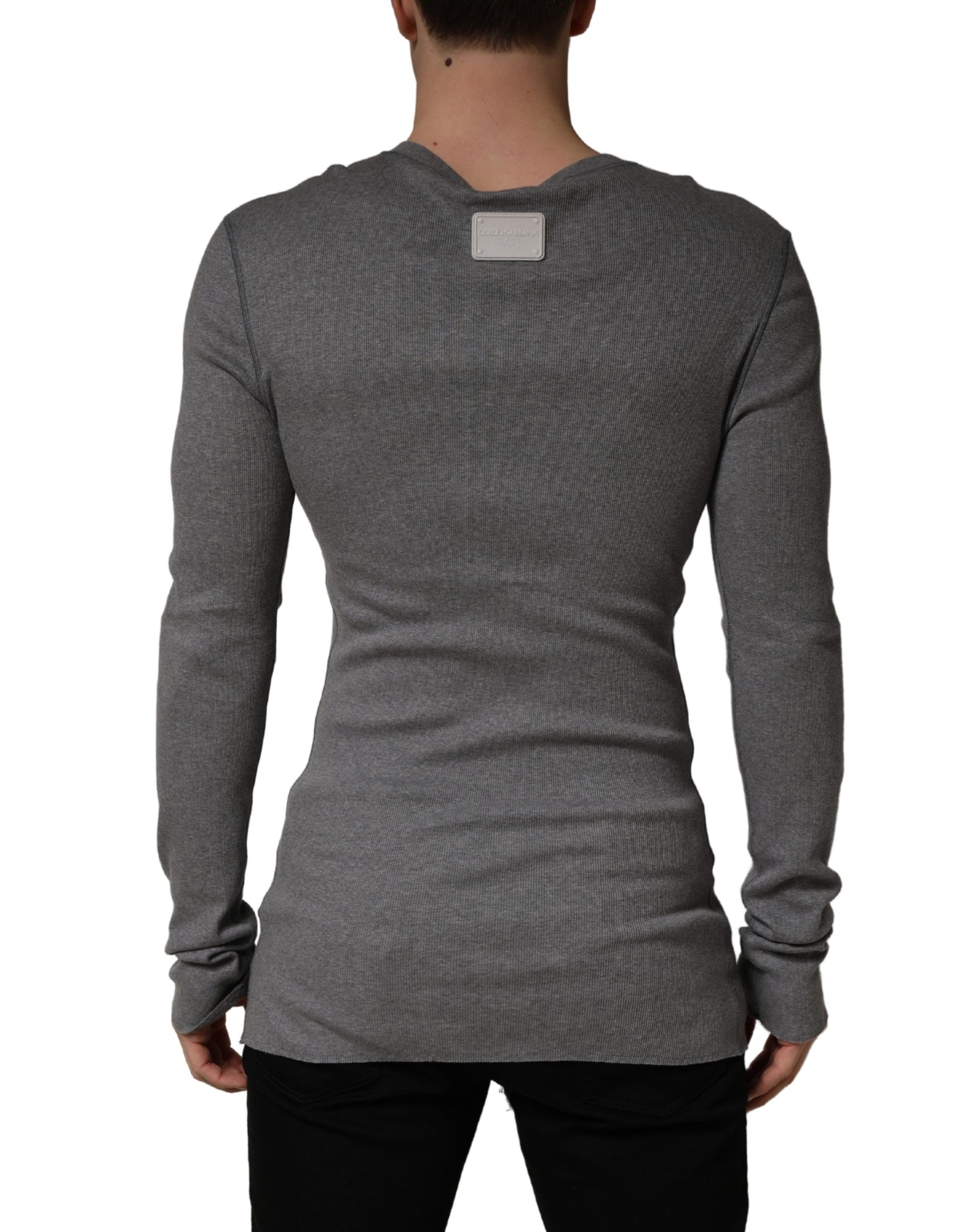 Dolce & Gabbana Gray Ribbed Cotton Long-Sleeve Henley  T-shirt | Regal Royce