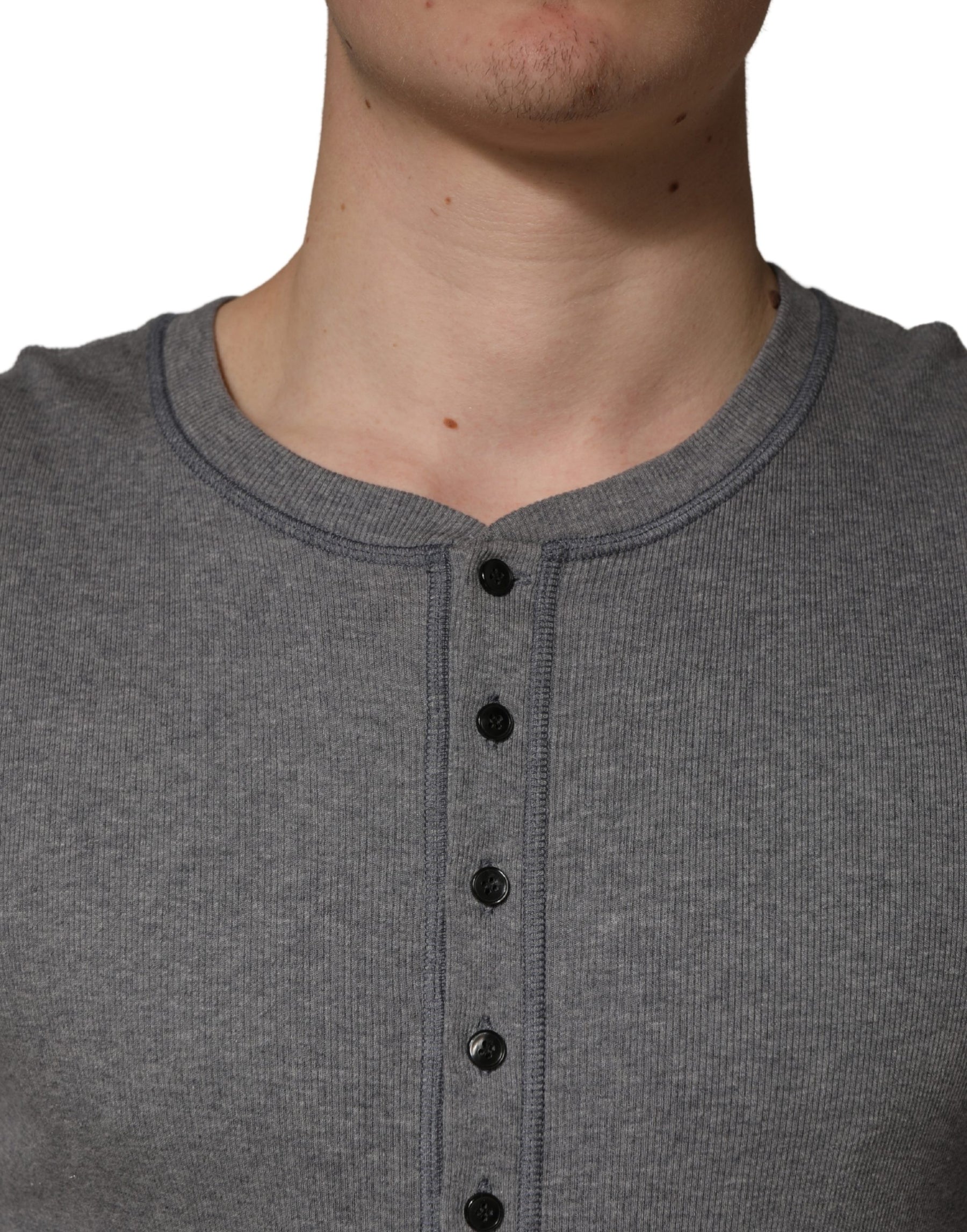 Dolce & Gabbana Gray Ribbed Cotton Long-Sleeve Henley  T-shirt | Regal Royce
