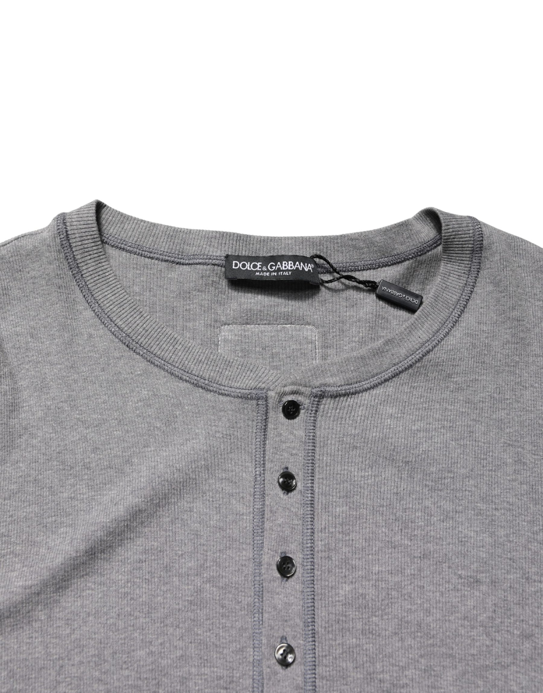 Dolce & Gabbana Gray Ribbed Cotton Long-Sleeve Henley  T-shirt | Regal Royce
