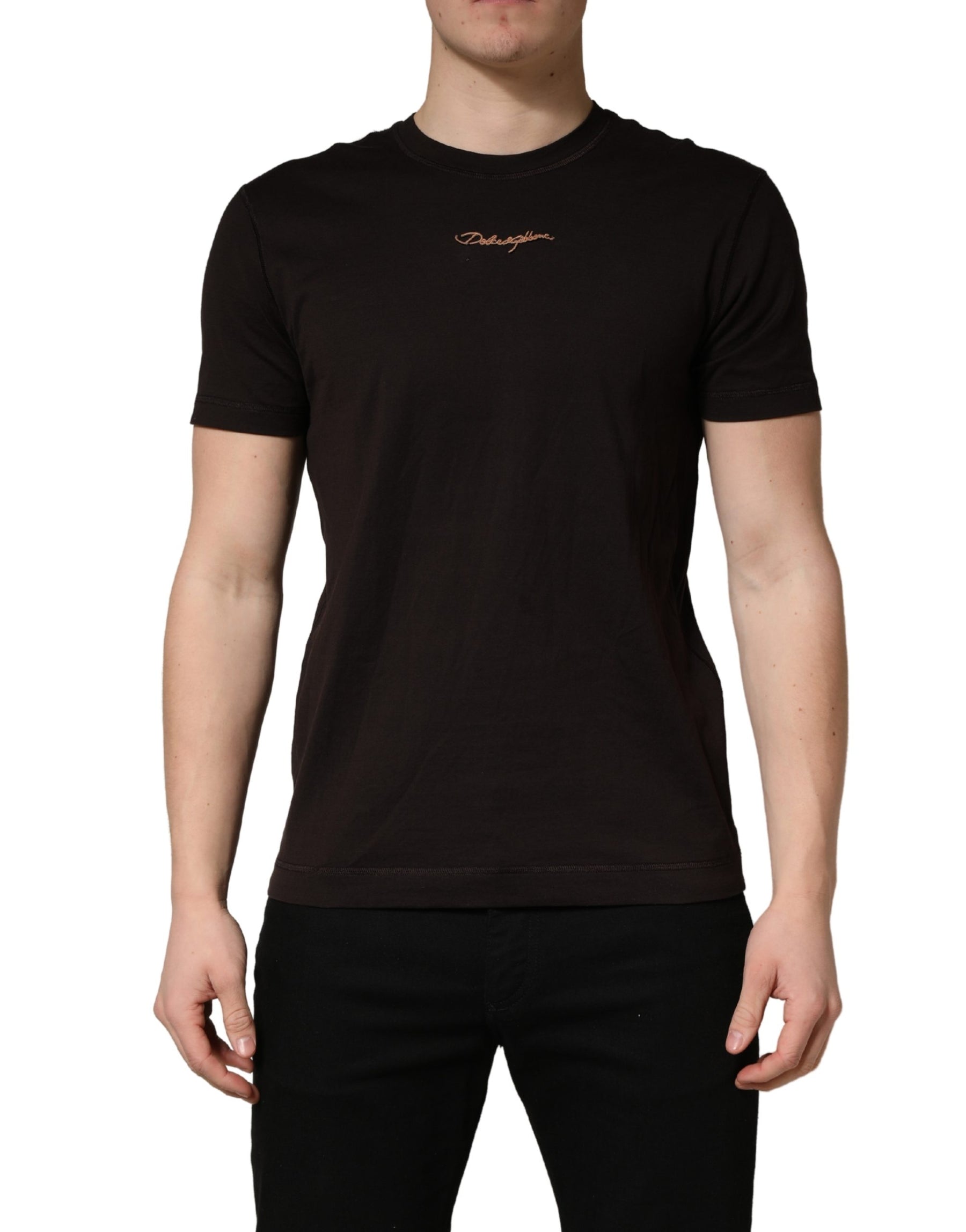 Dolce & Gabbana Brown Logo Embroidered Men Crew Neck T-shirt | Regal Royce