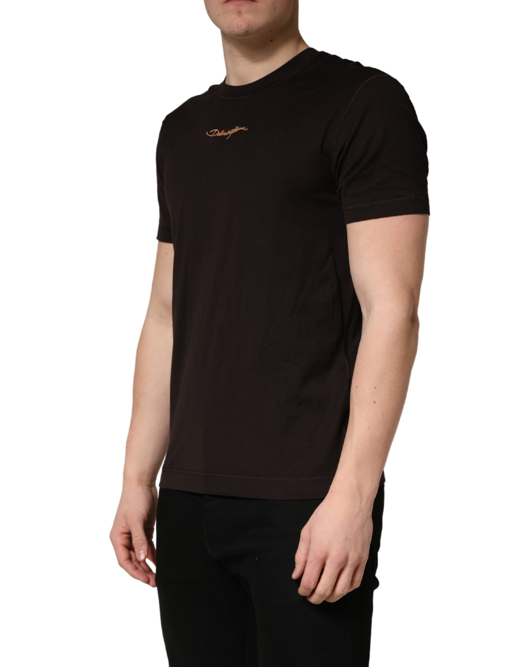 Dolce & Gabbana Brown Logo Embroidered Men Crew Neck T-shirt | Regal Royce