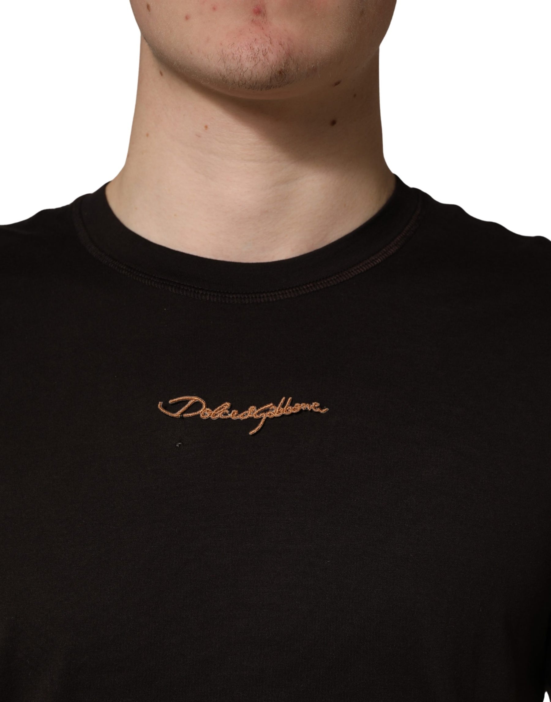 Dolce & Gabbana Brown Logo Embroidered Men Crew Neck T-shirt | Regal Royce
