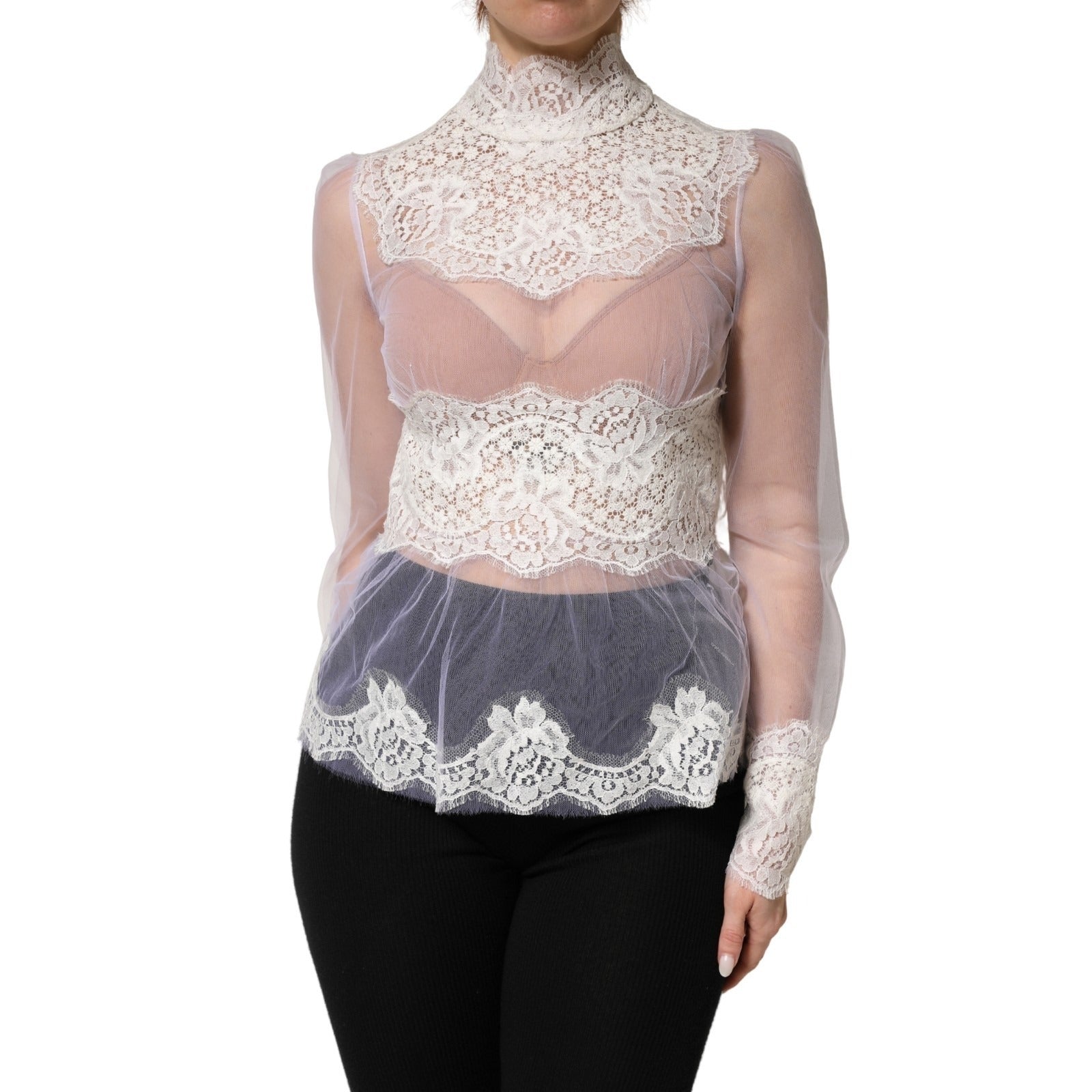 Dolce & Gabbana White Nylon Lace Tulle Sheer Long Sleeve Top | Regal Royce