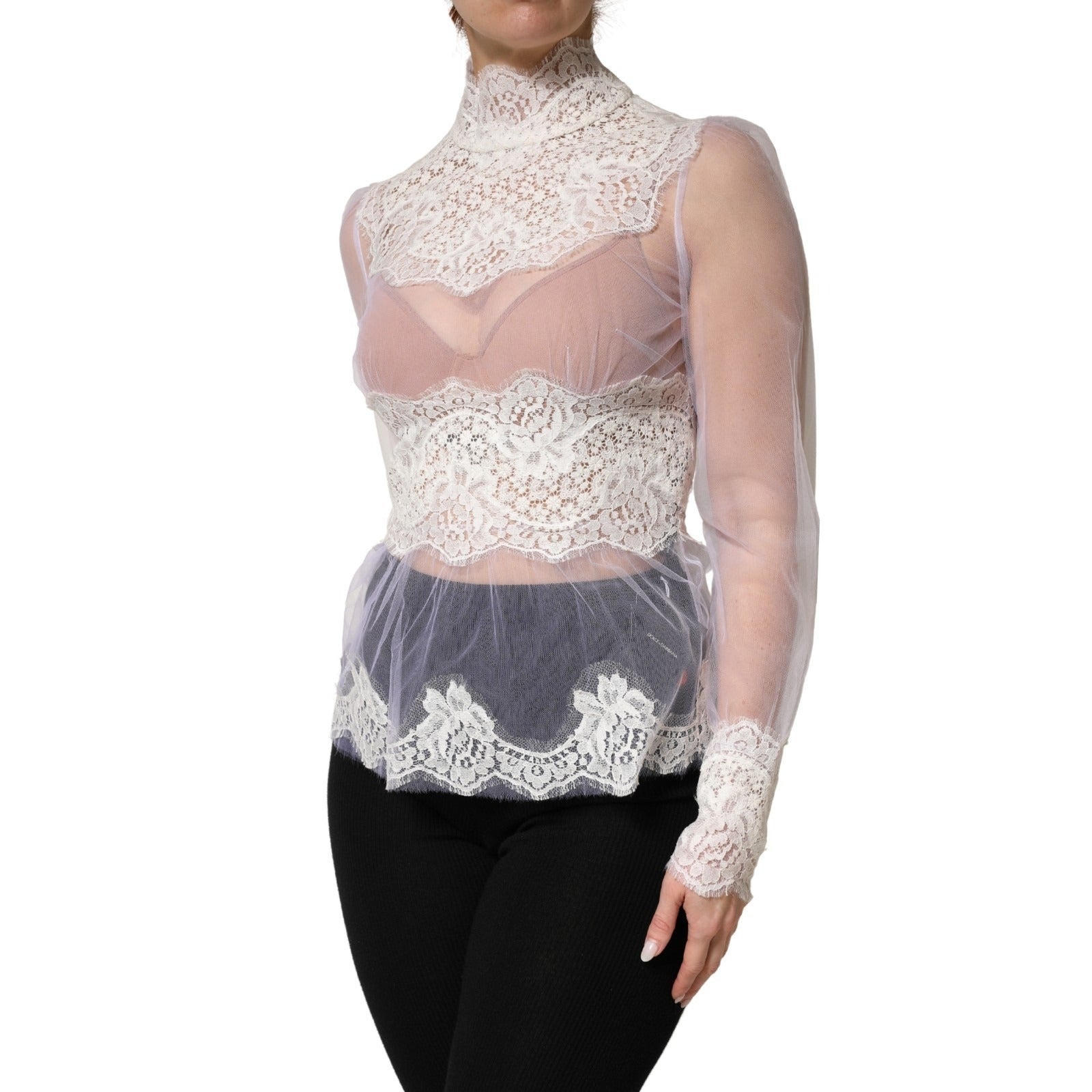 Dolce & Gabbana White Nylon Lace Tulle Sheer Long Sleeve Top | Regal Royce