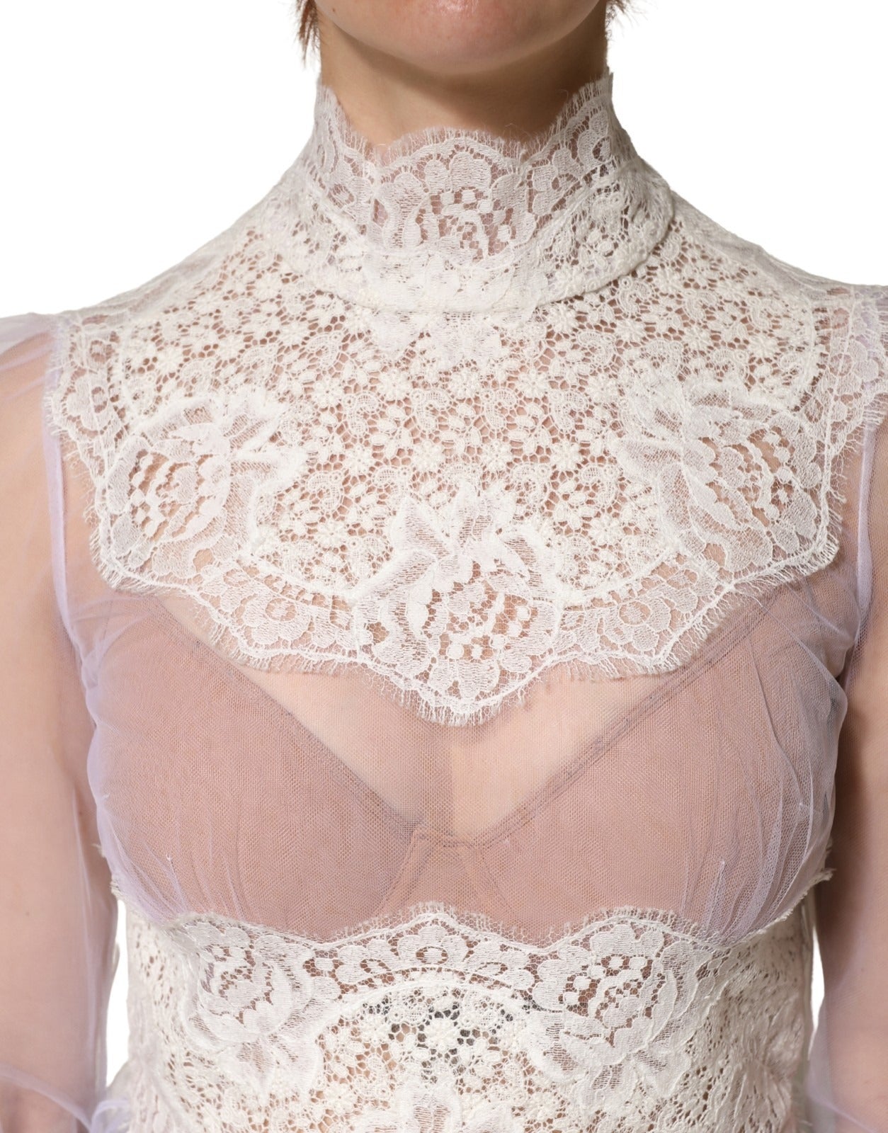 Dolce & Gabbana White Nylon Lace Tulle Sheer Long Sleeve Top | Regal Royce