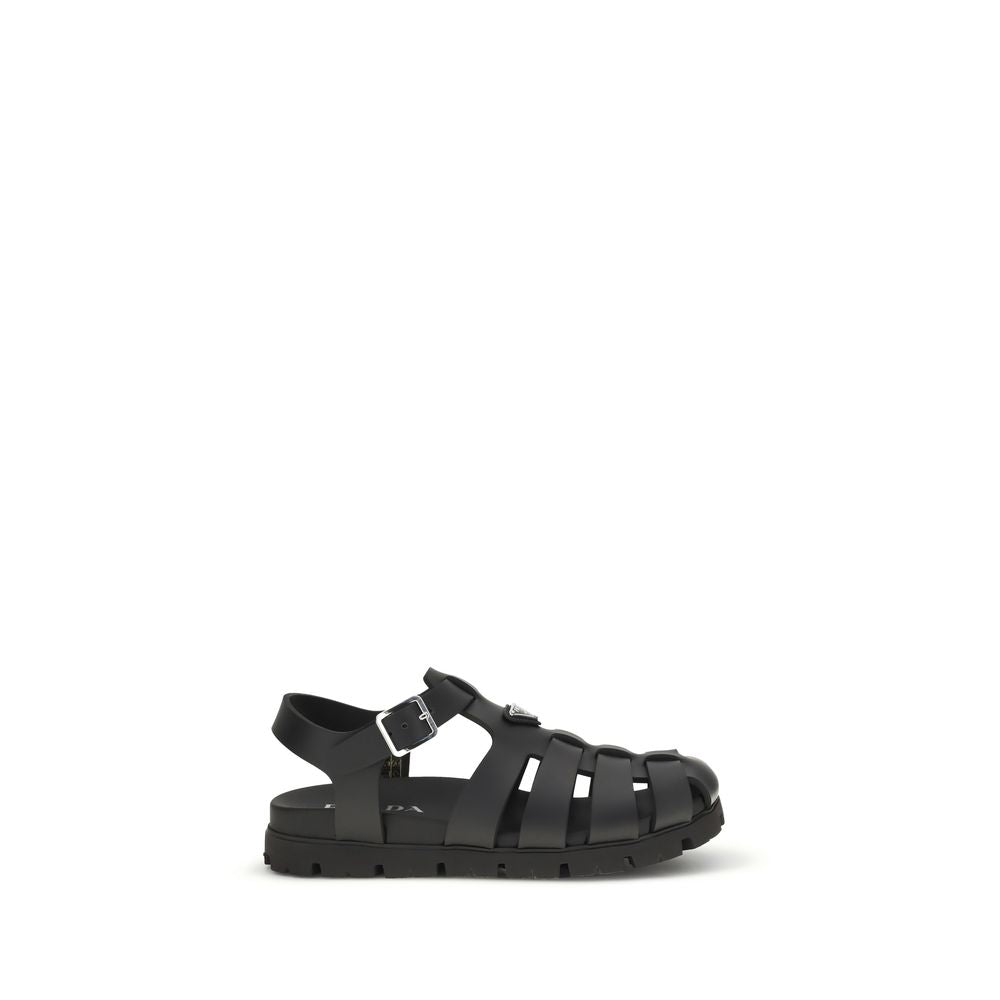 Prada Black Calf Leather Bos Taurus Flat Sandals | Regal Royce