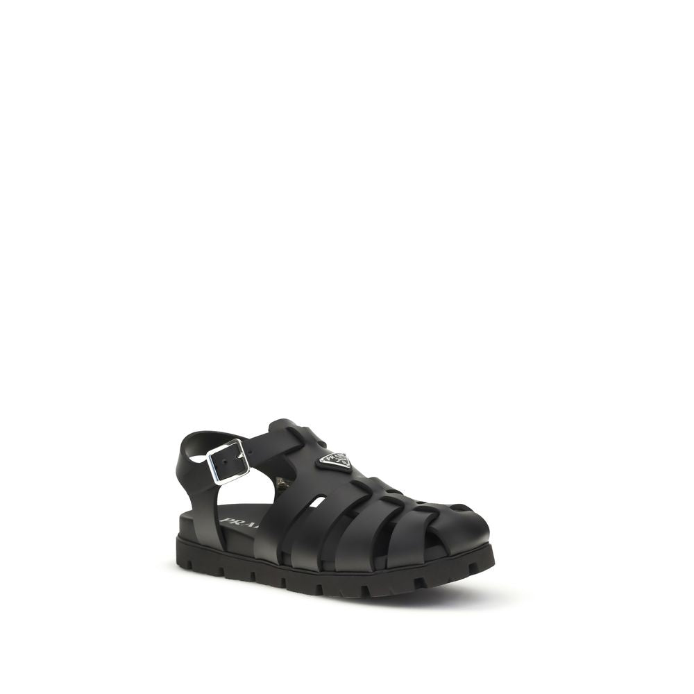 Prada Black Calf Leather Bos Taurus Flat Sandals | Regal Royce