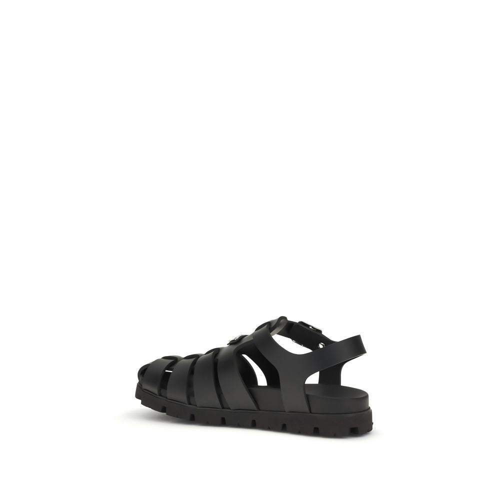 Prada Black Calf Leather Bos Taurus Flat Sandals | Regal Royce
