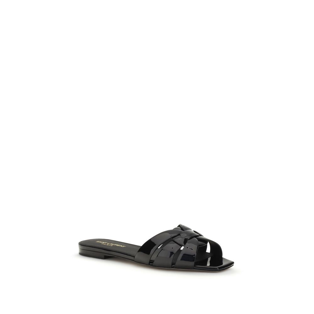 Saint Laurent Black Calf Leather Bos Taurus Flat Sandals | Regal Royce