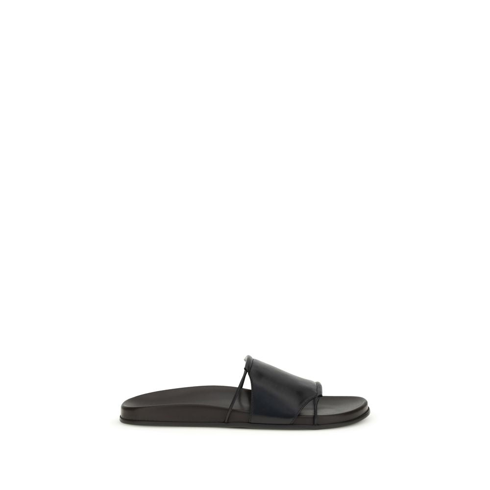The Row Black Calf Leather Bos Taurus Flat Sandals | Regal Royce