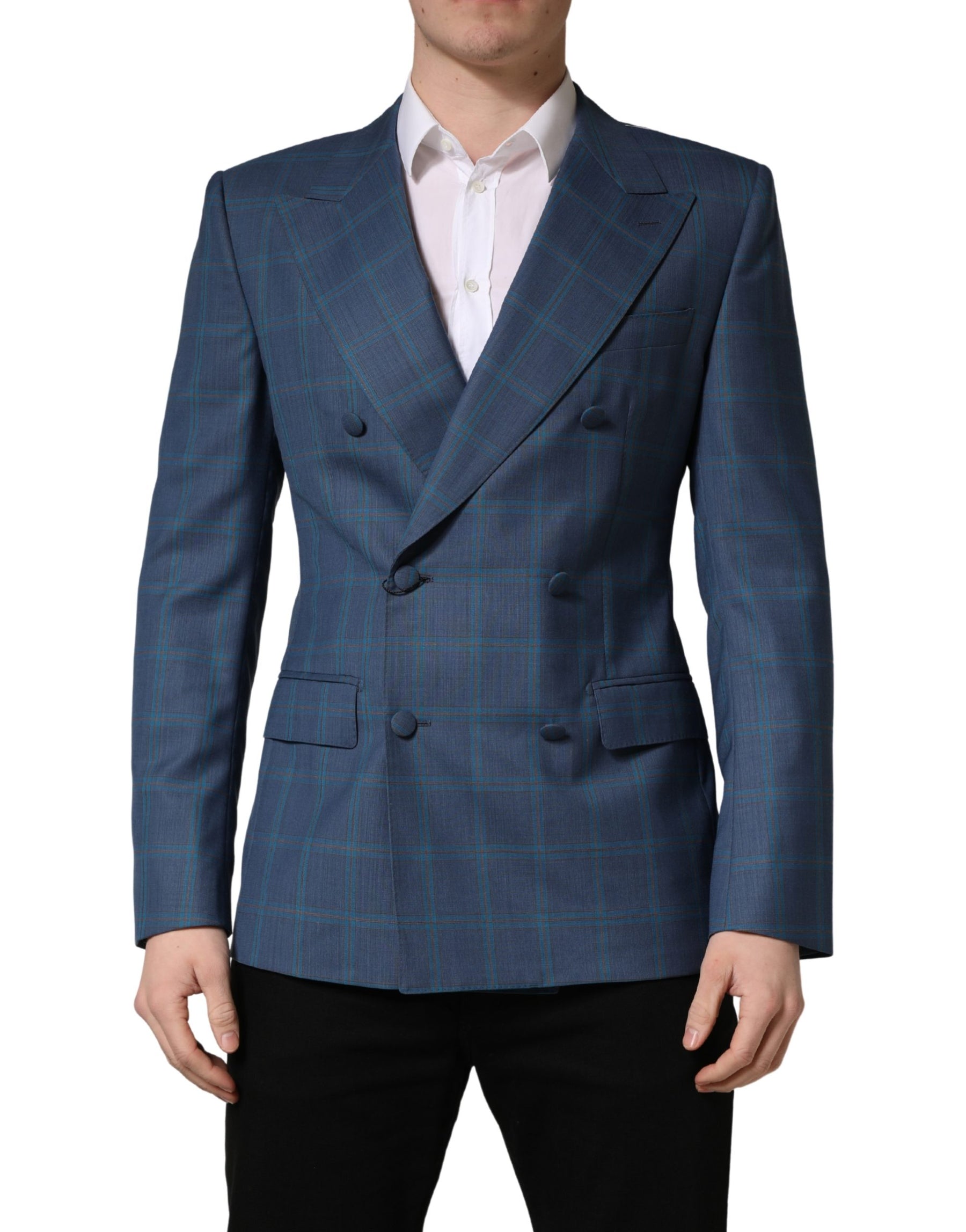 Dolce & Gabbana Blue Checked Double Breasted Men Suit Jacket | Regal Royce