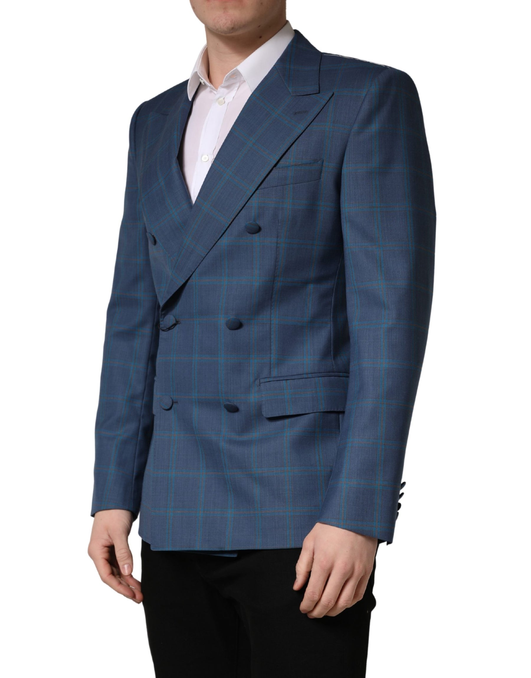 Dolce & Gabbana Blue Checked Double Breasted Men Suit Jacket | Regal Royce