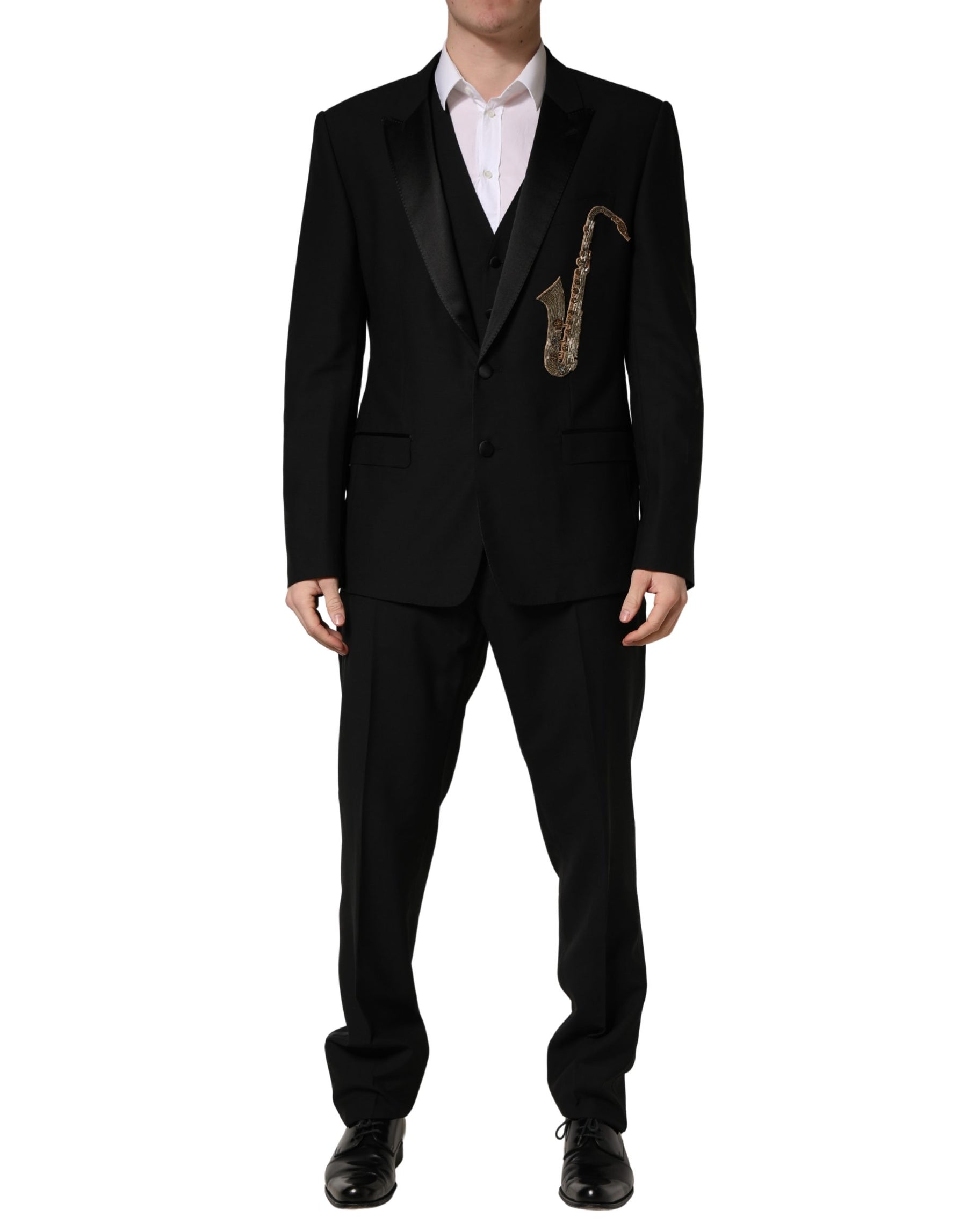 Dolce & Gabbana Black Wool Silk Saxophone Slim Fit 3Pc Suit | Regal Royce